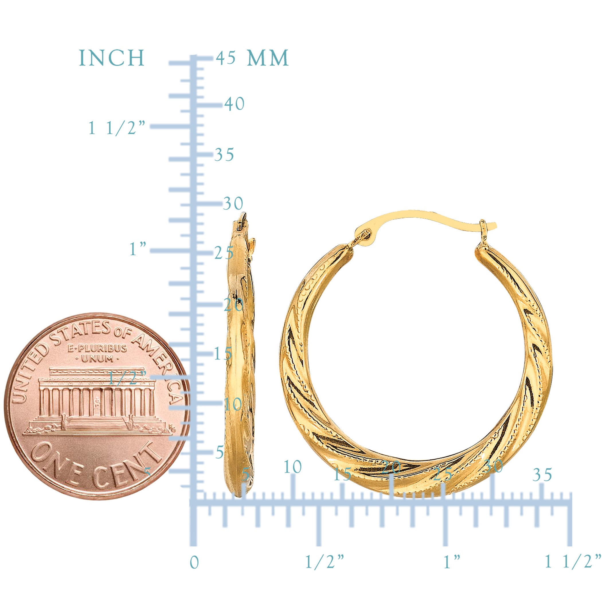 10k Yellow Gold Swirl Texture Round Hoop Earrings, Diameter 25mm fine designer jewelry for men and women