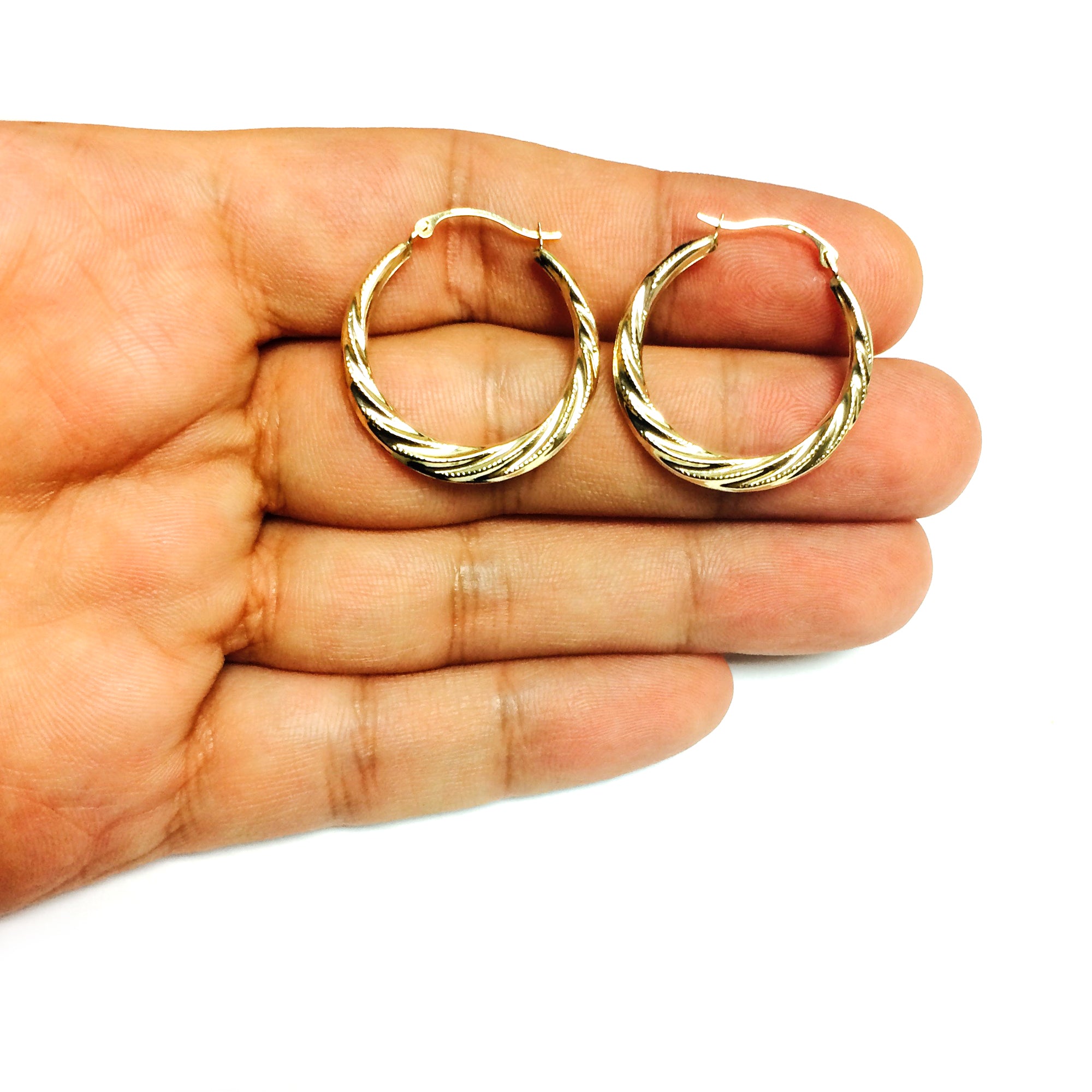 10k Yellow Gold Swirl Texture Round Hoop Earrings, Diameter 25mm fine designer jewelry for men and women