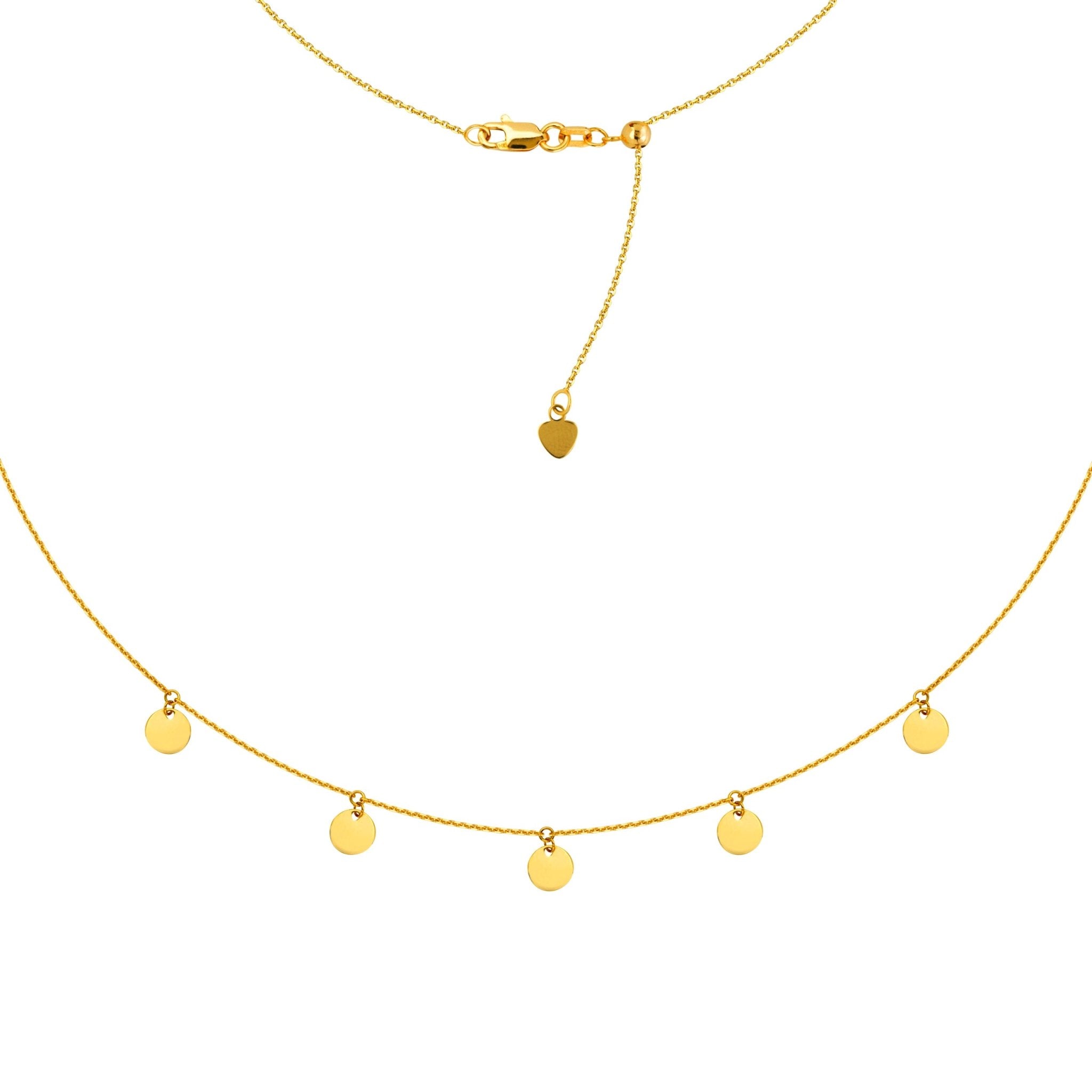 5 Dangle Mini Disc Choker 14k Gold Necklace, 16" Adjustable