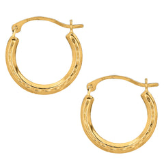 10k Yellow Gold Shiny Diamond Cut Round Hoop Earrings, Diameter 15mm fine designer jewelry for men and women