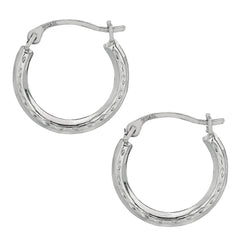 10k White Gold Shiny Diamond Cut Round Hoop Earrings, Diameter 15mm fine designer jewelry for men and women