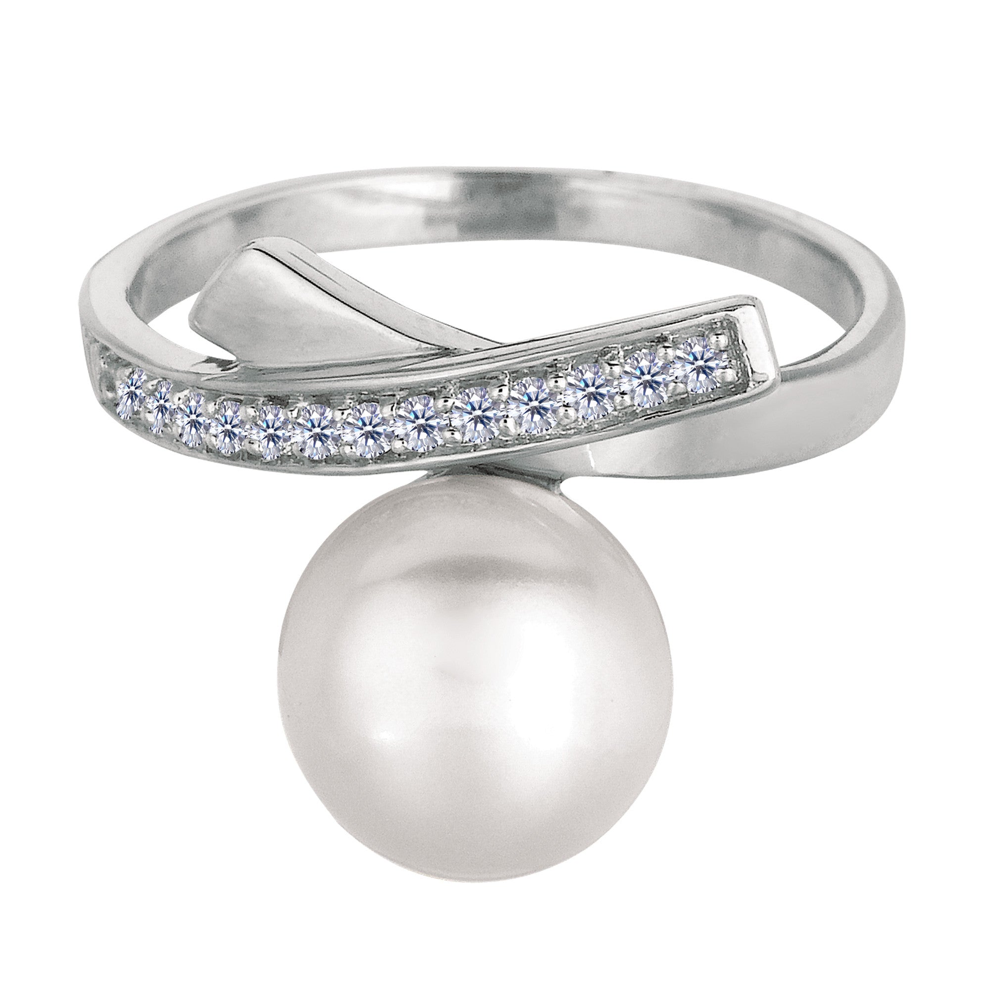 Sterling Silver With Rhodium Finish Cross Over Design Pearl And Cubic Zirconia Ring fine designer jewelry for men and women