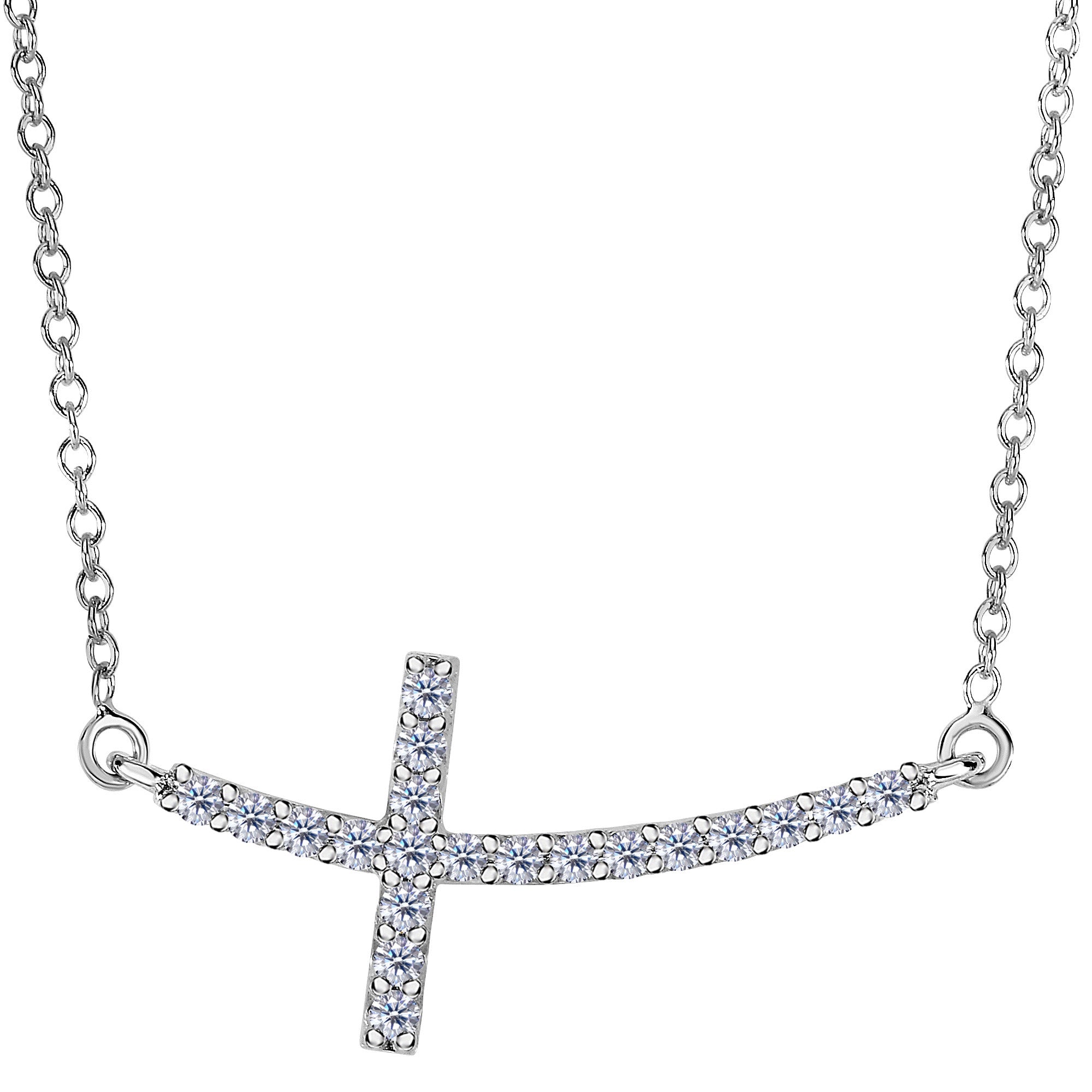 14k White Gold With 0.22ct Diamonds Curved Side Ways Cross Necklace - 18 Inches fine designer jewelry for men and women