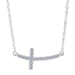 14k White Gold With 0.12ct Diamonds Curved Side Ways Cross Necklace - 18 Inches fine designer jewelry for men and women
