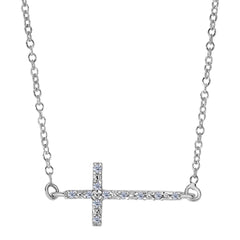 14k White Gold With 0.07ct Diamonds Side Ways Cross Necklace - 18 Inches fine designer jewelry for men and women