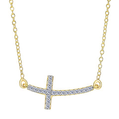 14k Yellow Gold With 0.12ct Diamonds Curved Side Ways Cross Necklace - 18 Inches fine designer jewelry for men and women