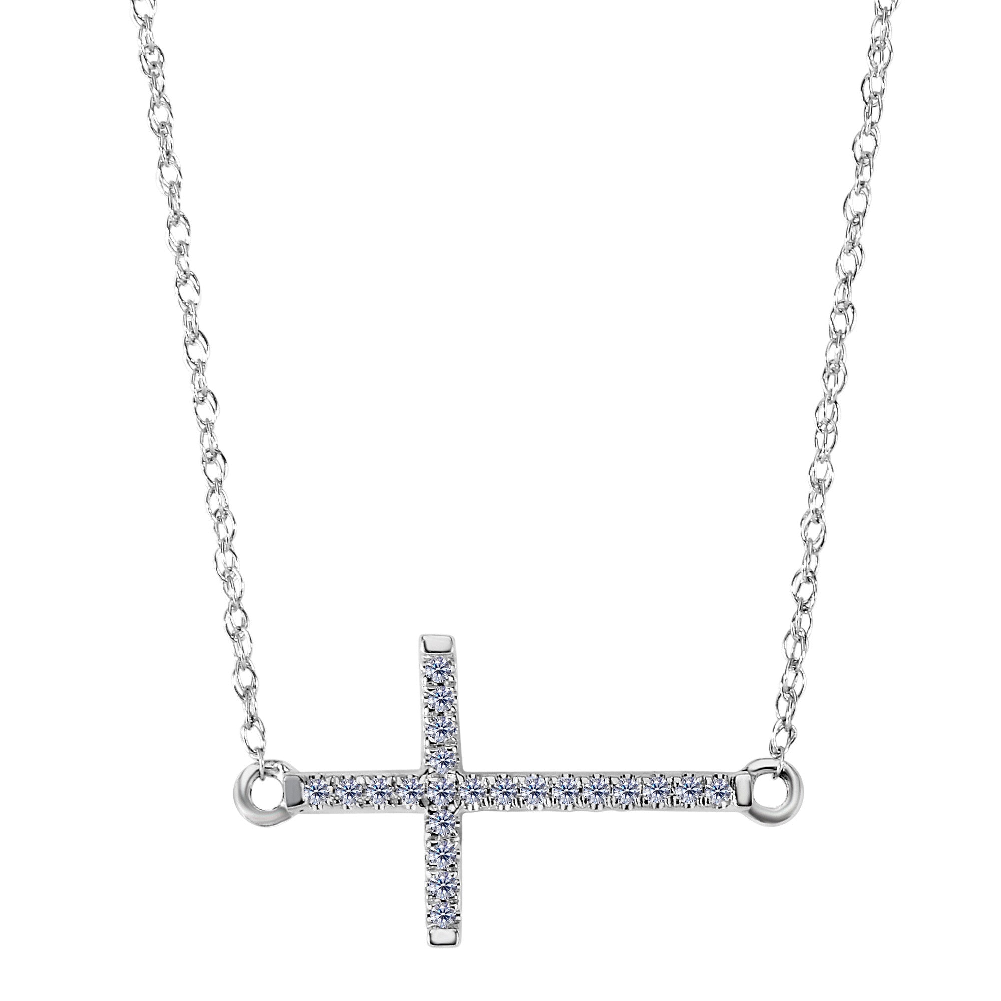14k White Gold With 0.05ct Diamonds Side Ways Cross Necklace - 18 Inches fine designer jewelry for men and women