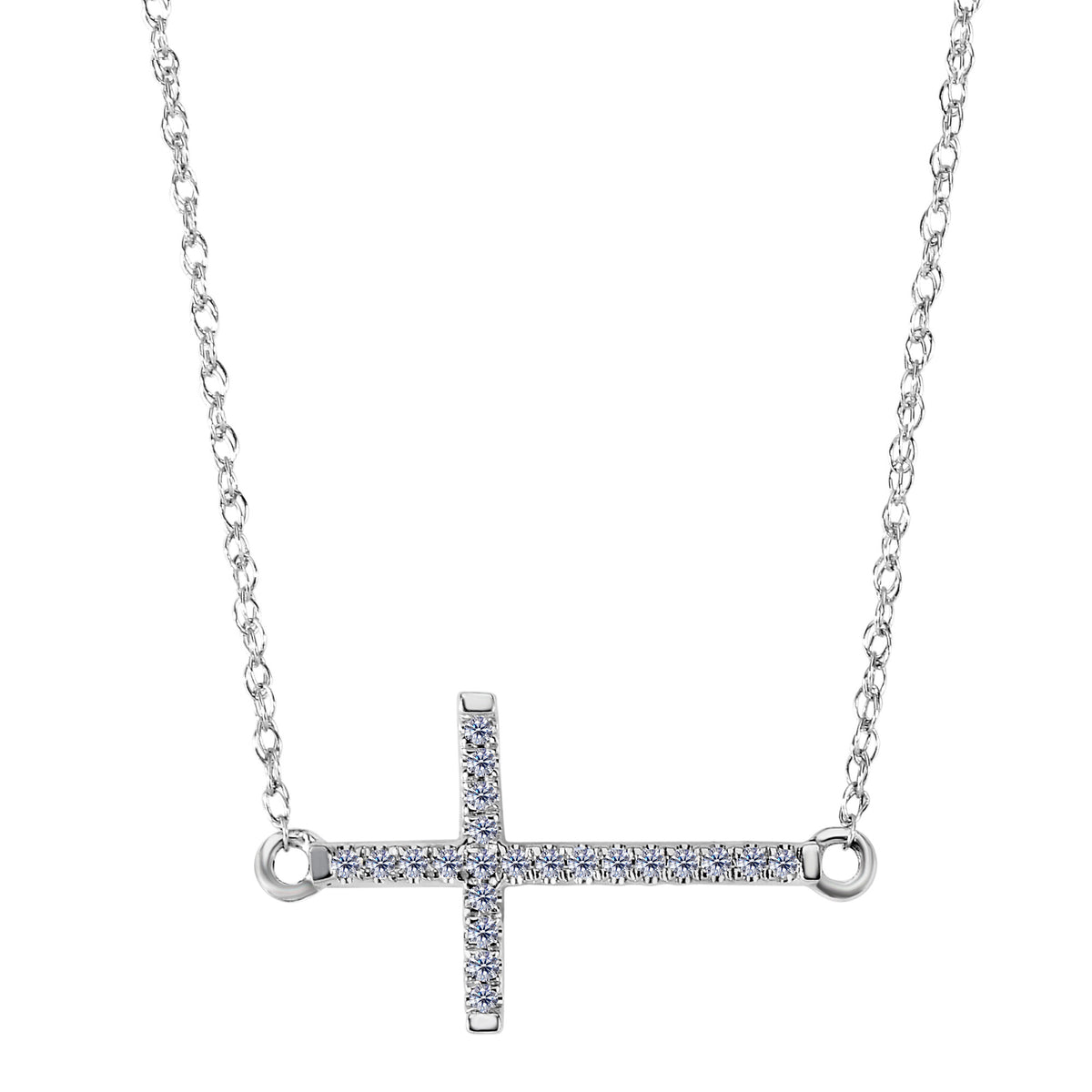 14k White Gold With 0.05ct Diamonds Side Ways Cross Necklace - 18 Inches fine designer jewelry for men and women