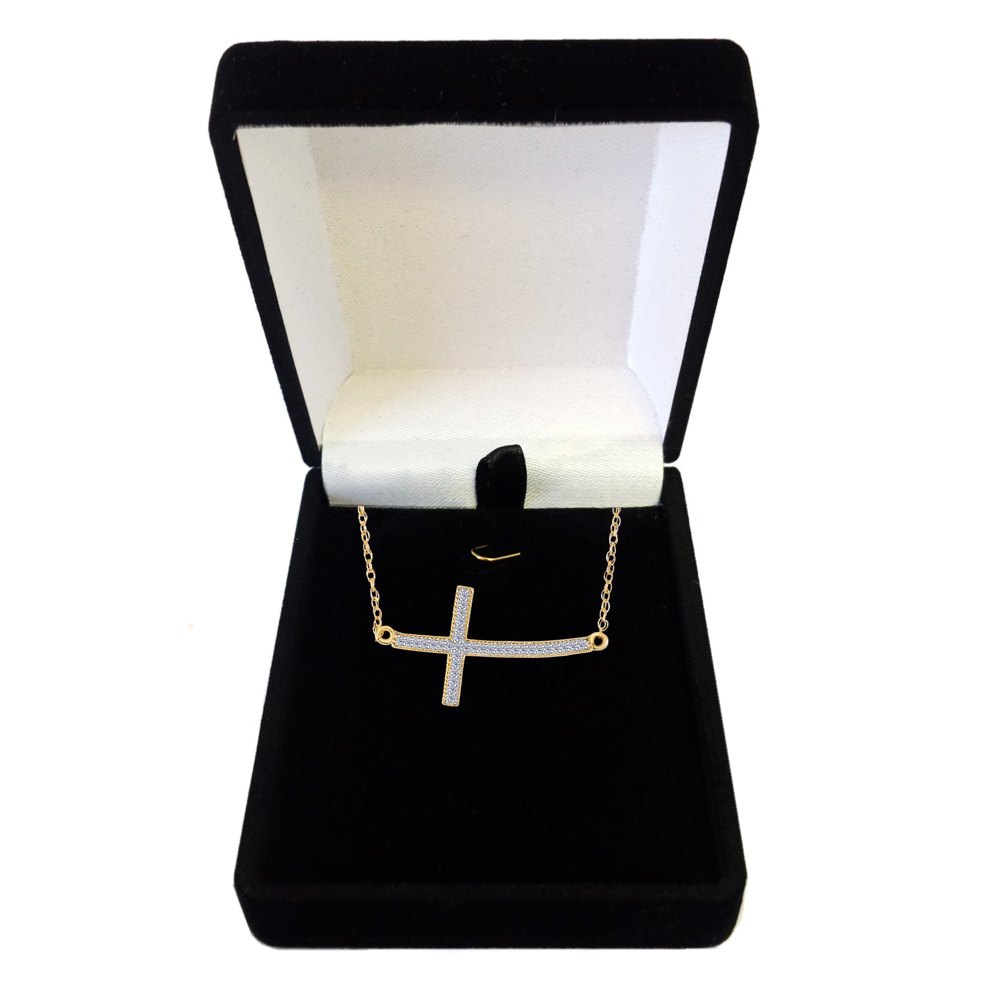 14k Yellow Gold With 0.08ct Diamonds Curved Side Ways Cross Millgrain Necklace - 18 Inches fine designer jewelry for men and women