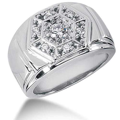 Round Brilliant Diamond Mens Ring in 14k white gold (0.48cttw, F-G Color, SI2 Clarity) fine designer jewelry for men and women