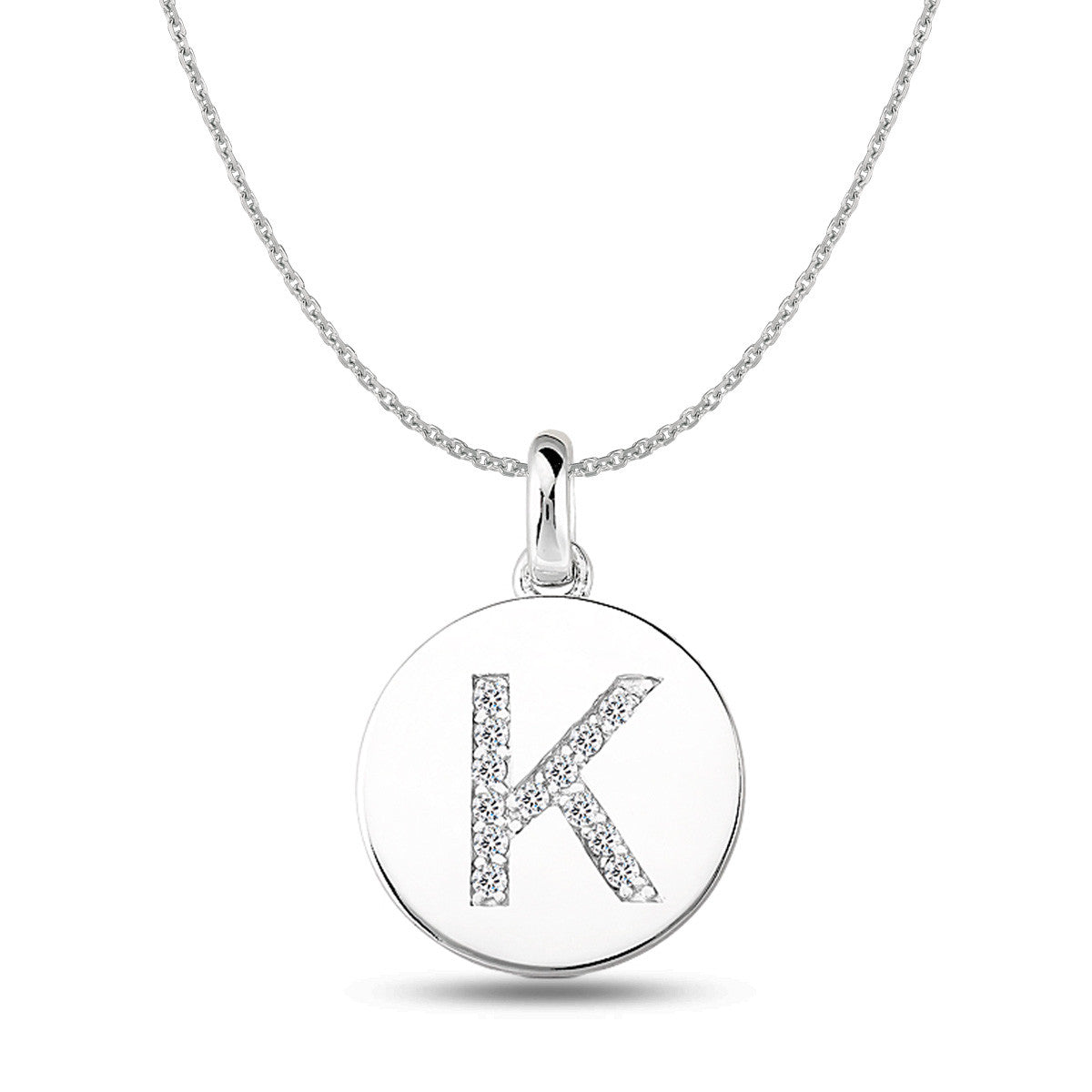 "K" Diamond Initial 14K White Gold Disk Pendant (0.13ct) fine designer jewelry for men and women