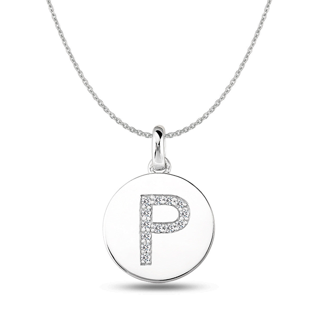 "P" Diamond Initial 14K White Gold Disk Pendant (0.13ct) fine designer jewelry for men and women