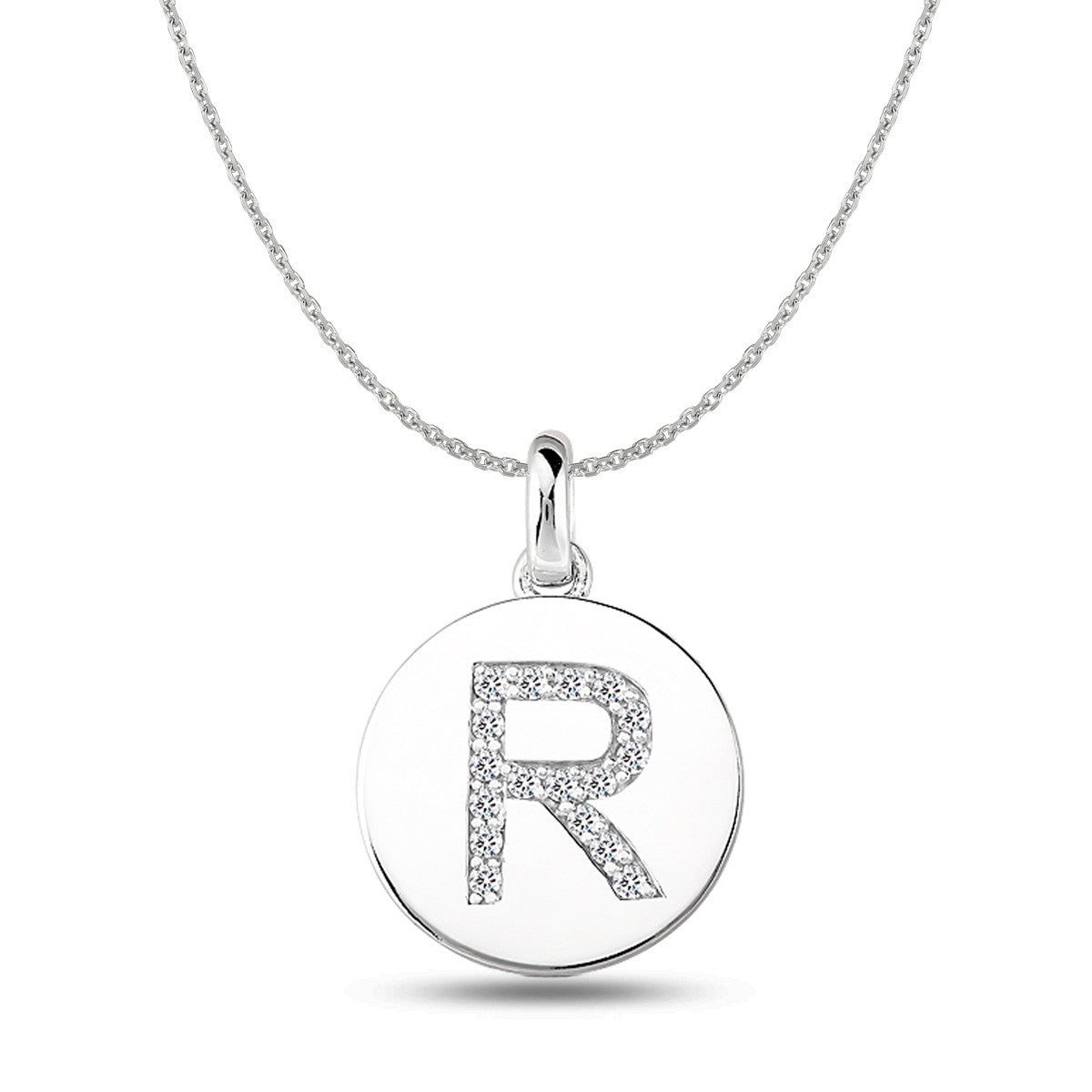 "R" Diamond Initial 14K White Gold Disk Pendant (0.17ct) fine designer jewelry for men and women