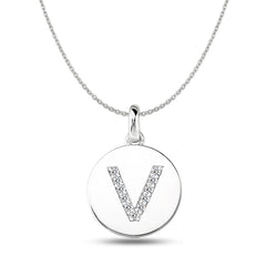 "V" Diamond Initial 14K White Gold Disk Pendant (0.11ct) fine designer jewelry for men and women
