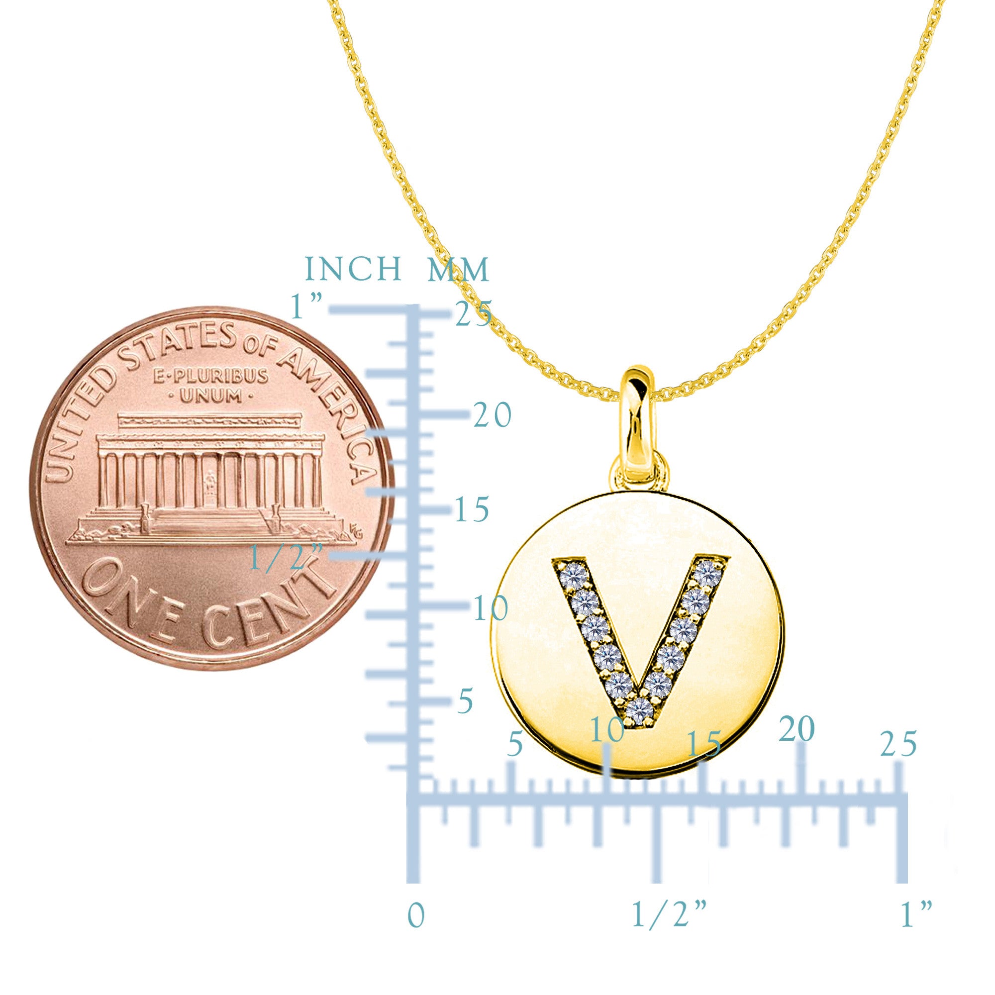 "V" Diamond Initial 14K Yellow Gold Disk Pendant (0.11ct) fine designer jewelry for men and women