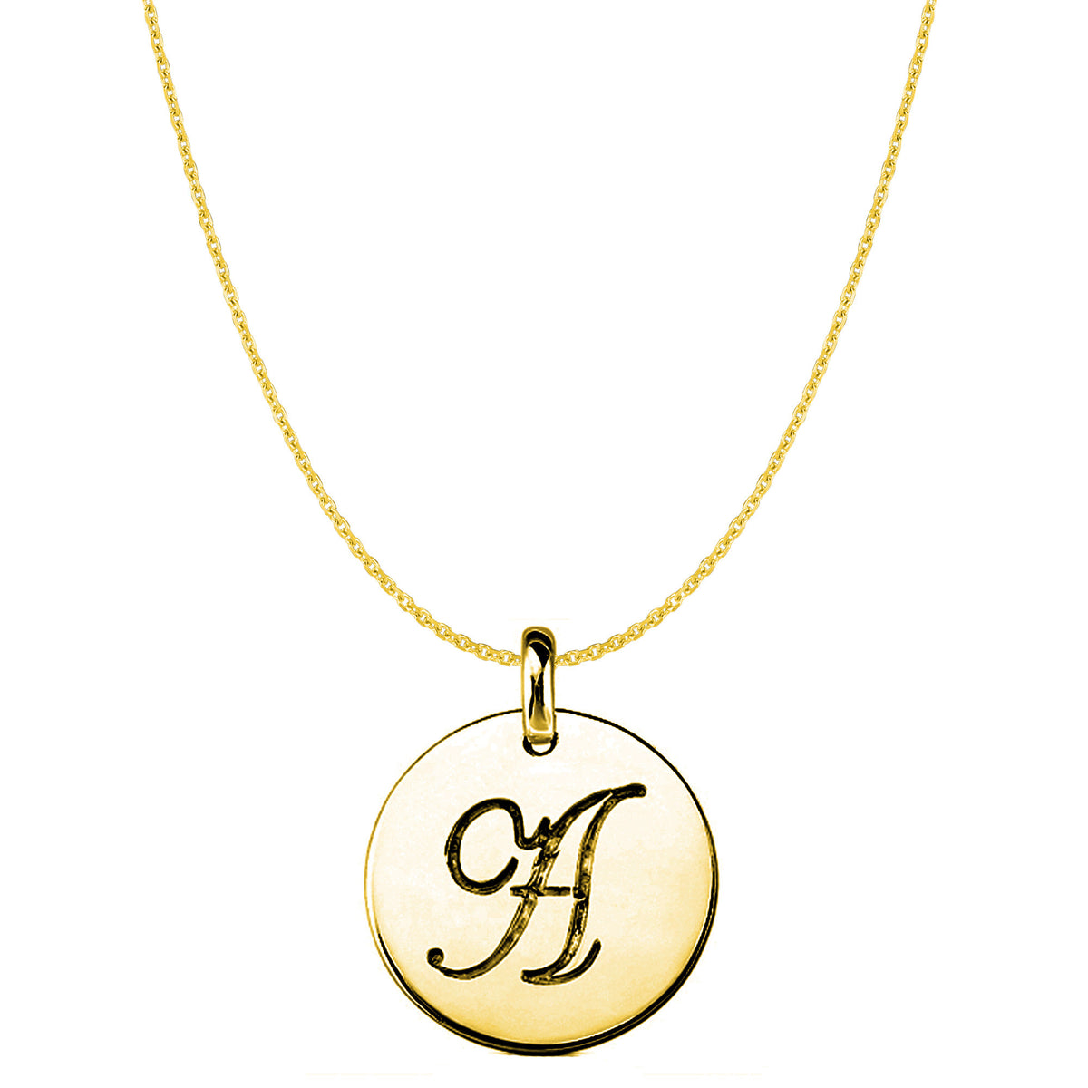 "A" 14K Yellow Gold Script Engraved Initial Disk Pendant fine designer jewelry for men and women