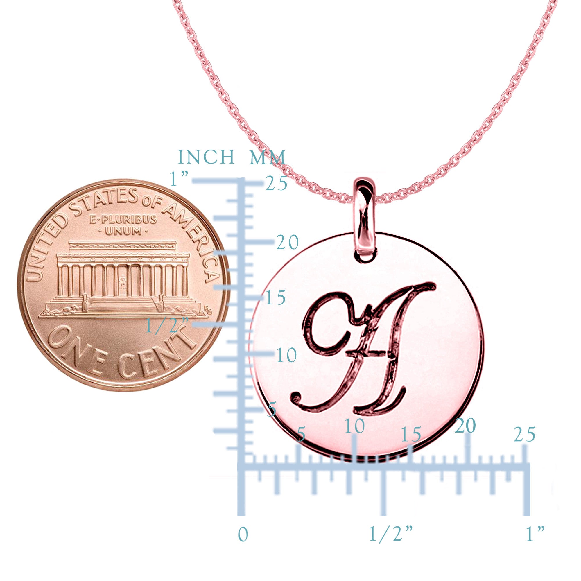 "A" 14K Rose Gold Script Engraved Initial Disk Pendant fine designer jewelry for men and women