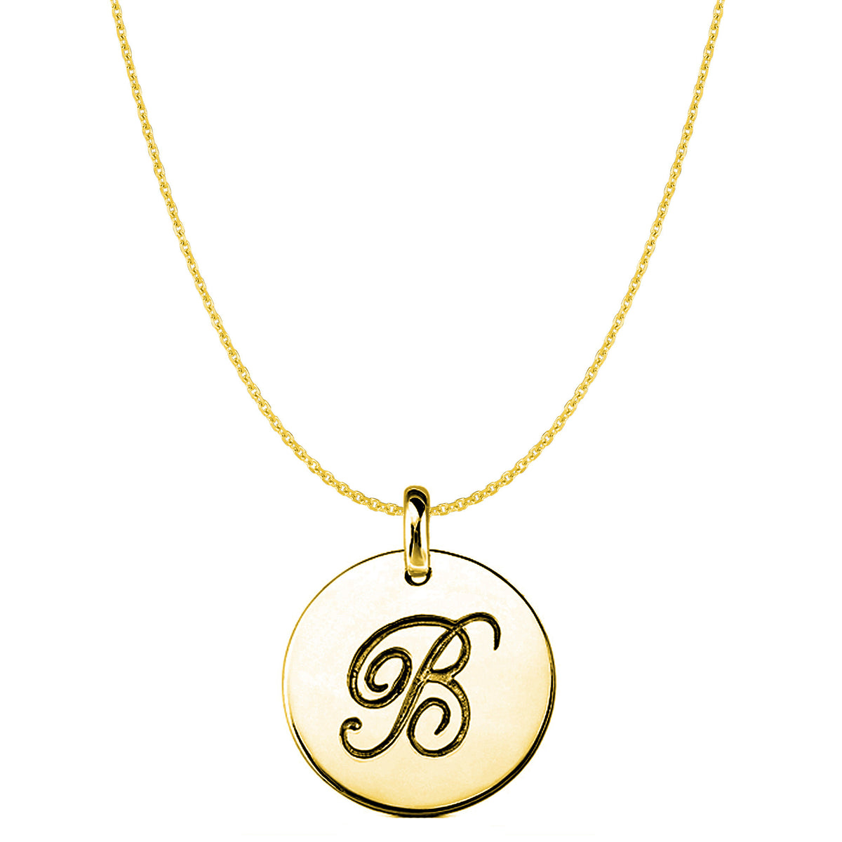 "B" 14K Yellow Gold Script Engraved Initial Disk Pendant fine designer jewelry for men and women
