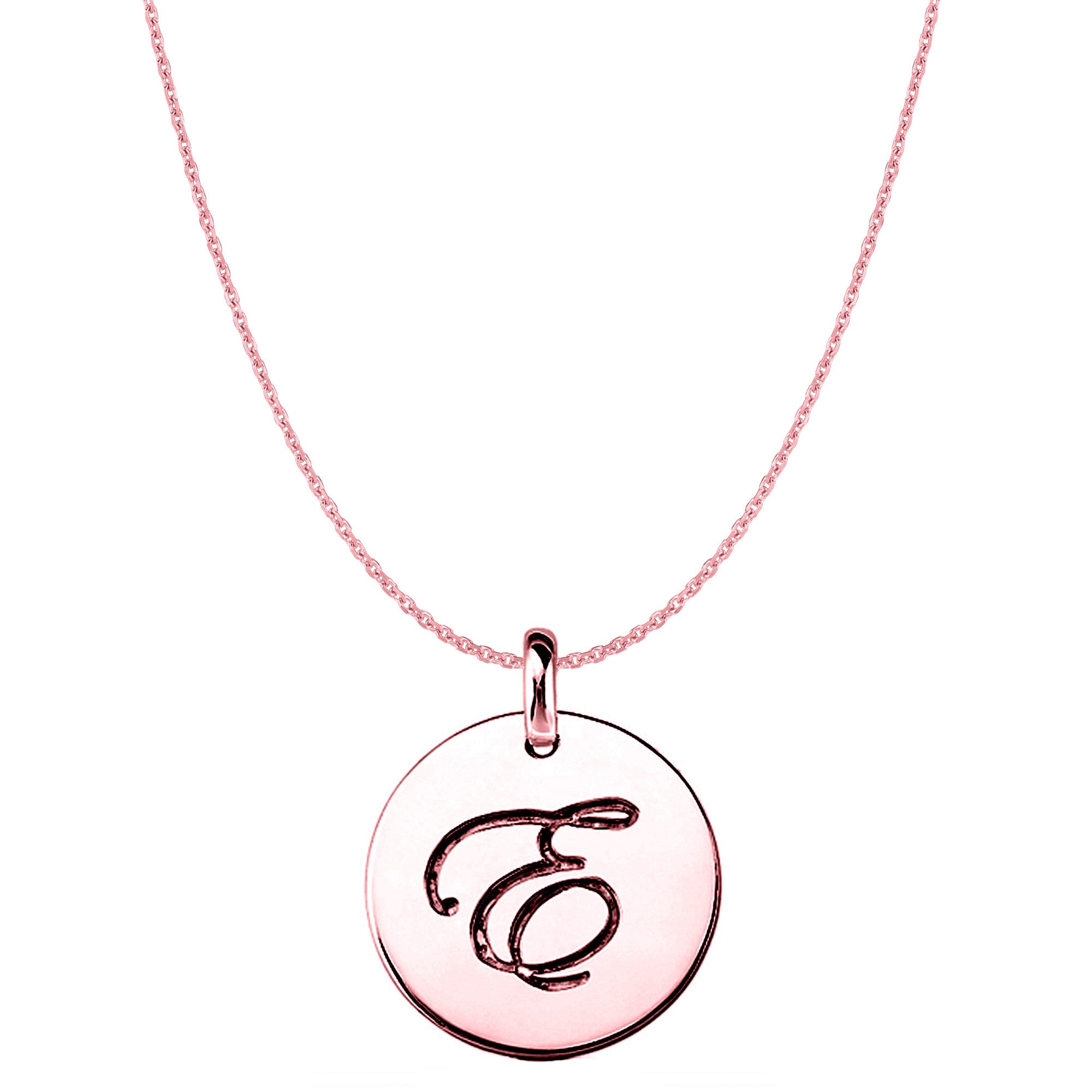 "E" 14K Rose Gold Script Engraved Initial Disk Pendant fine designer jewelry for men and women