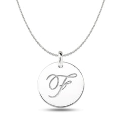 "F" 14K White Gold Script Engraved Initial  Disk Pendant - JewelryAffairs
 - 1