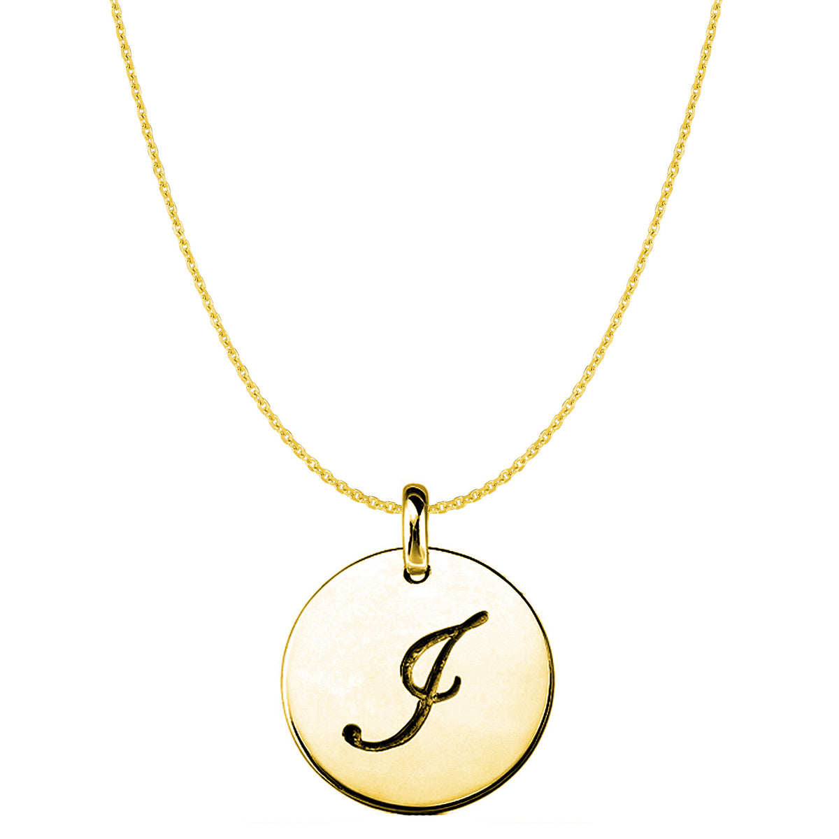 "I" 14K Yellow Gold Script Engraved Initial Disk Pendant fine designer jewelry for men and women
