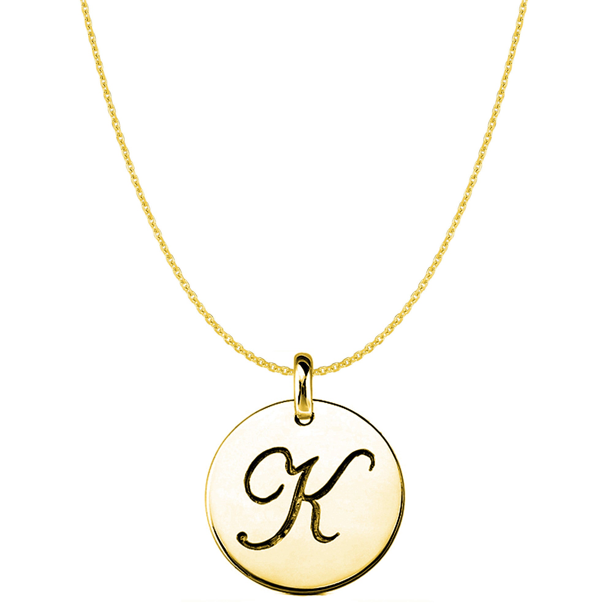 "K" 14K Yellow Gold Script Engraved Initial Disk Pendant fine designer jewelry for men and women