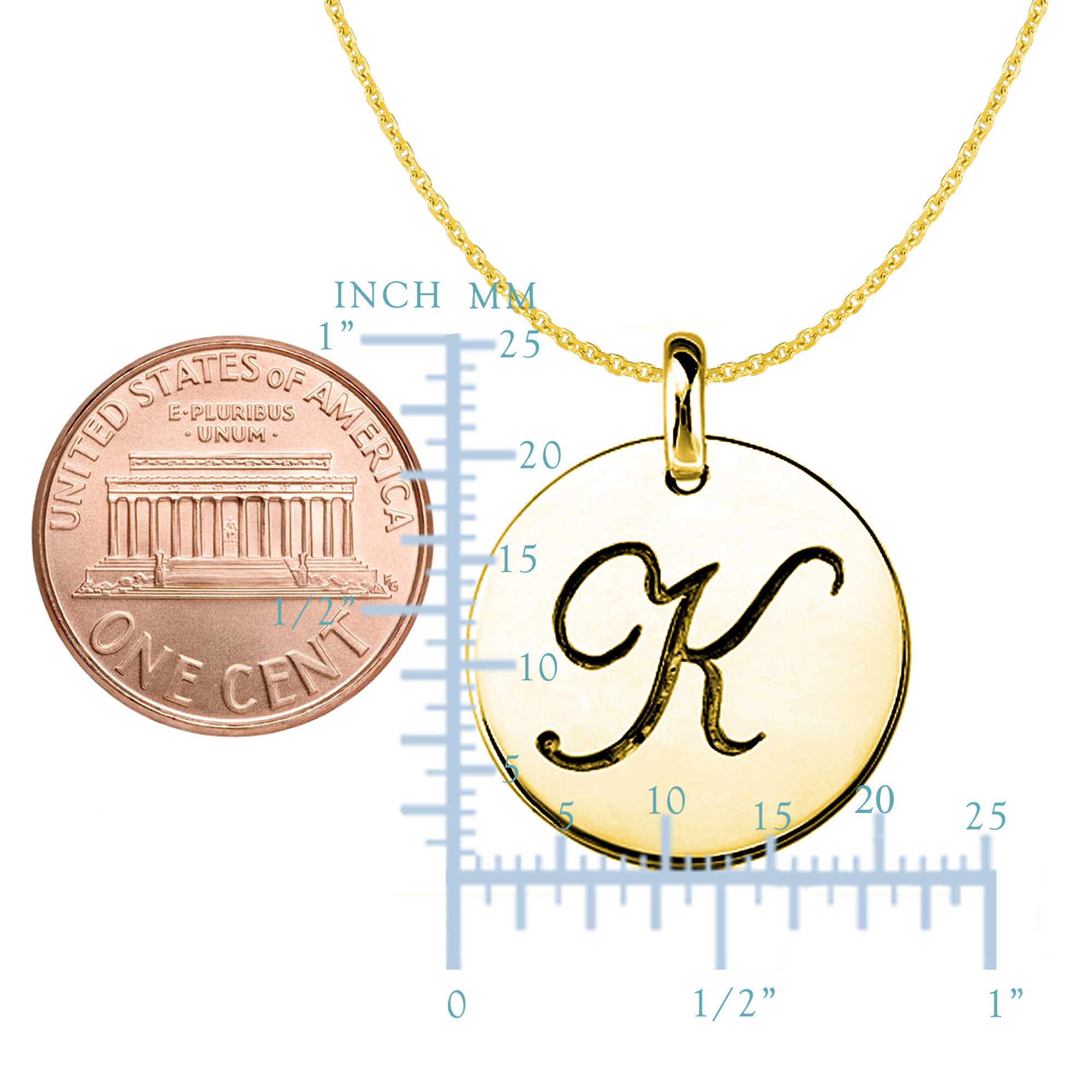 "K" 14K Yellow Gold Script Engraved Initial Disk Pendant fine designer jewelry for men and women