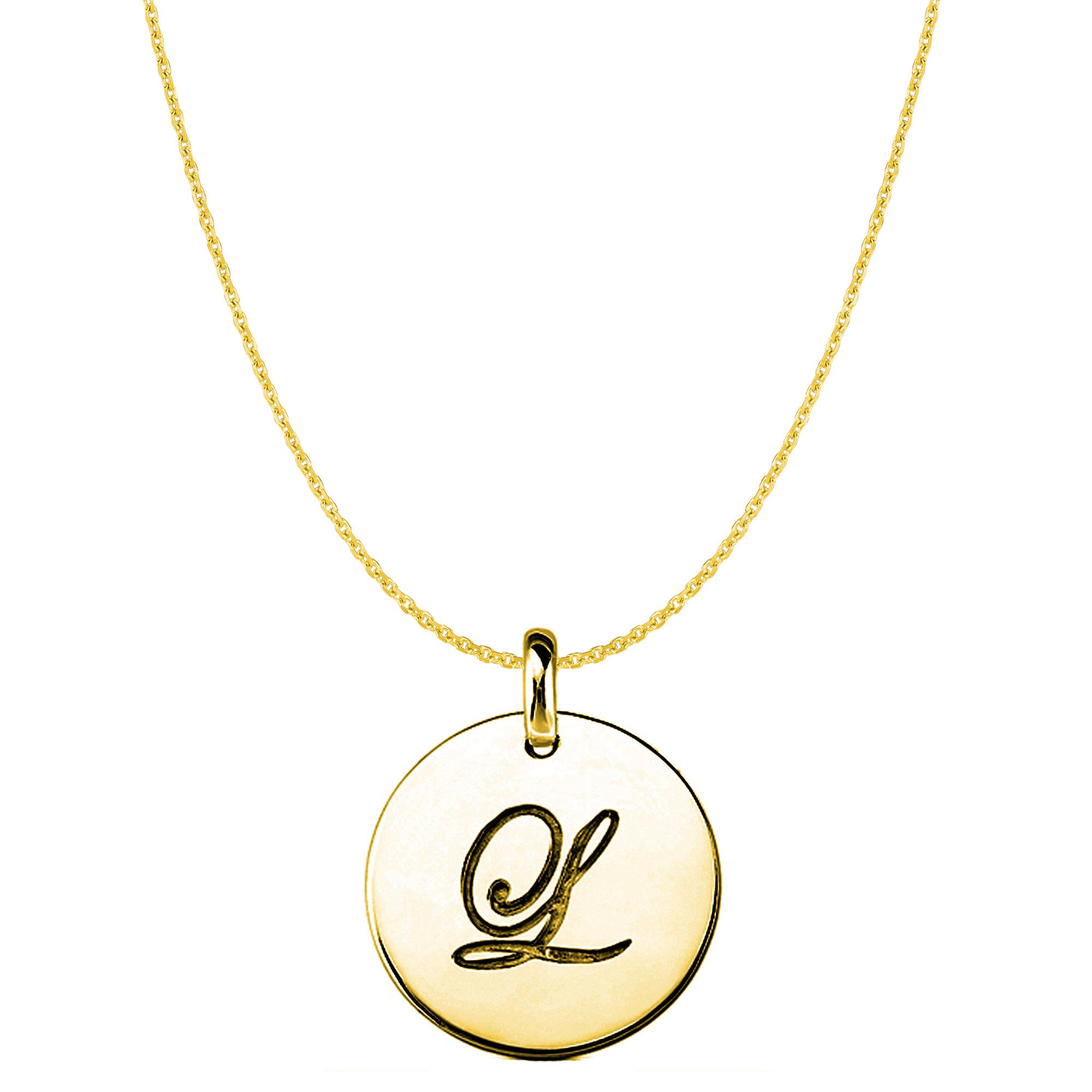 "L" 14K Yellow Gold Script Engraved Initial Disk Pendant fine designer jewelry for men and women