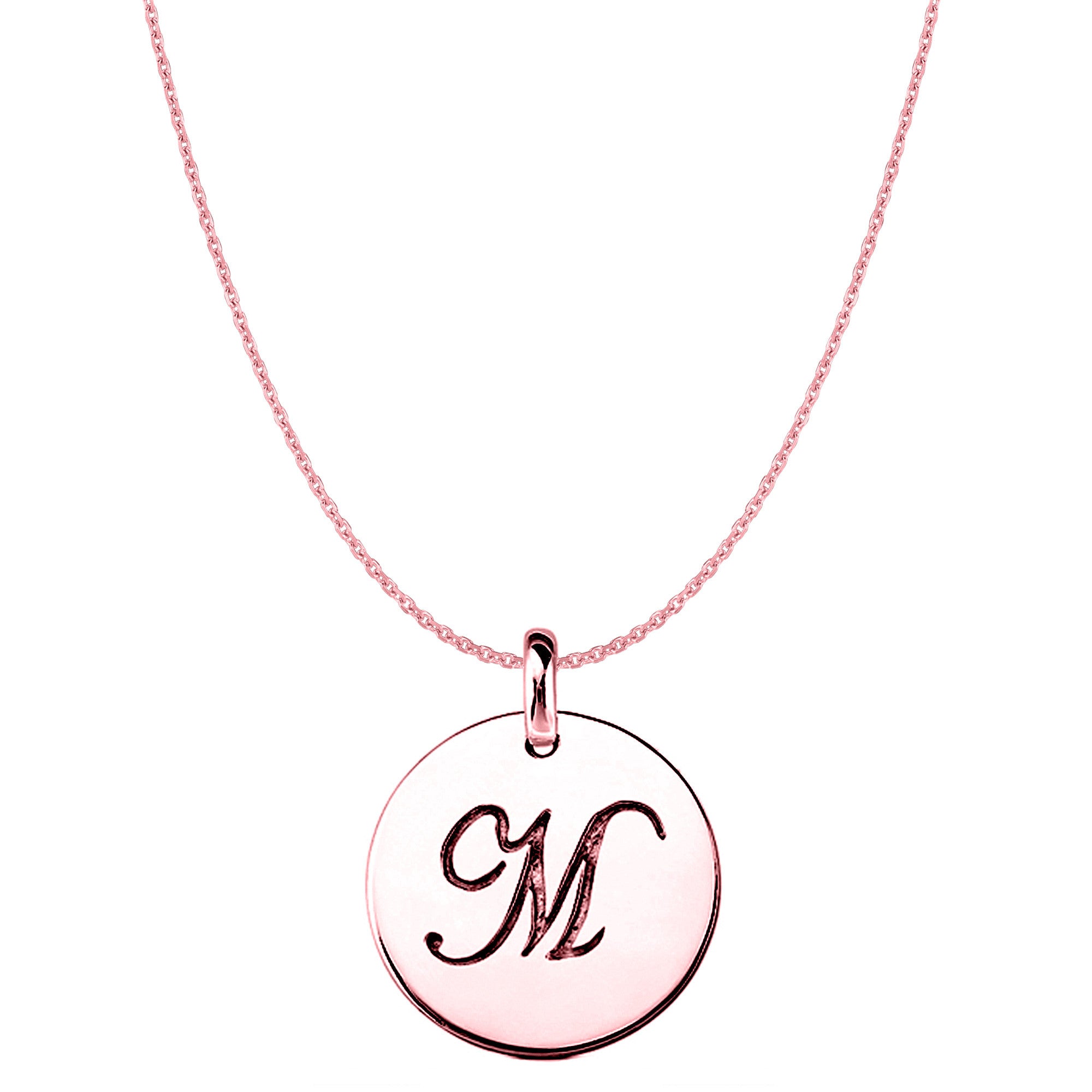 "M" 14K Rose Gold Script Engraved Initial Disk Pendant fine designer jewelry for men and women