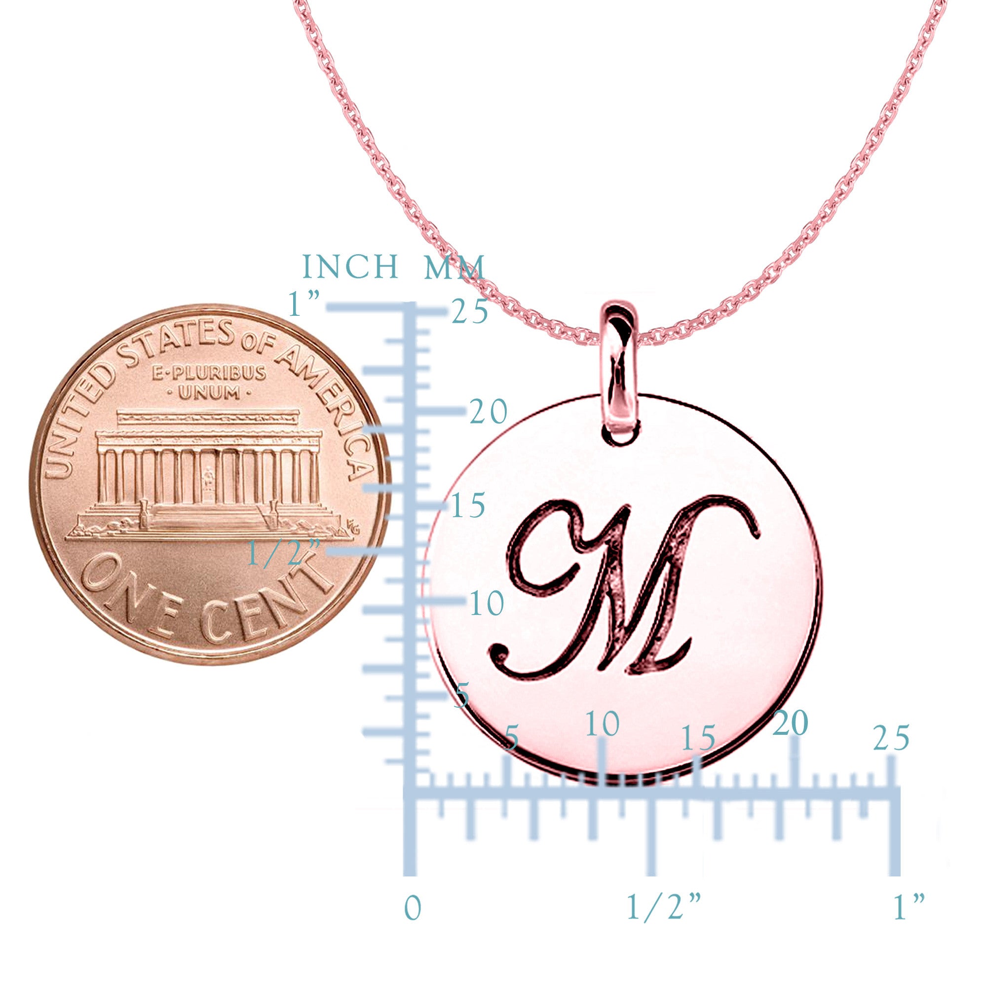 "M" 14K Rose Gold Script Engraved Initial Disk Pendant fine designer jewelry for men and women