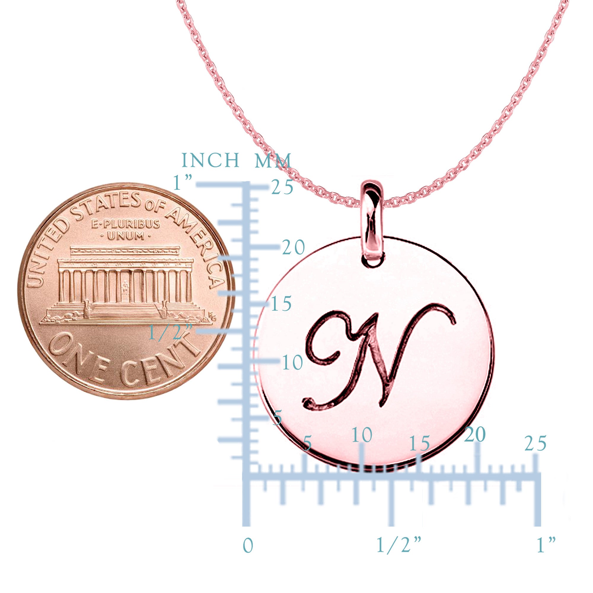 "N" 14K Rose Gold Script Engraved Initial Disk Pendant fine designer jewelry for men and women
