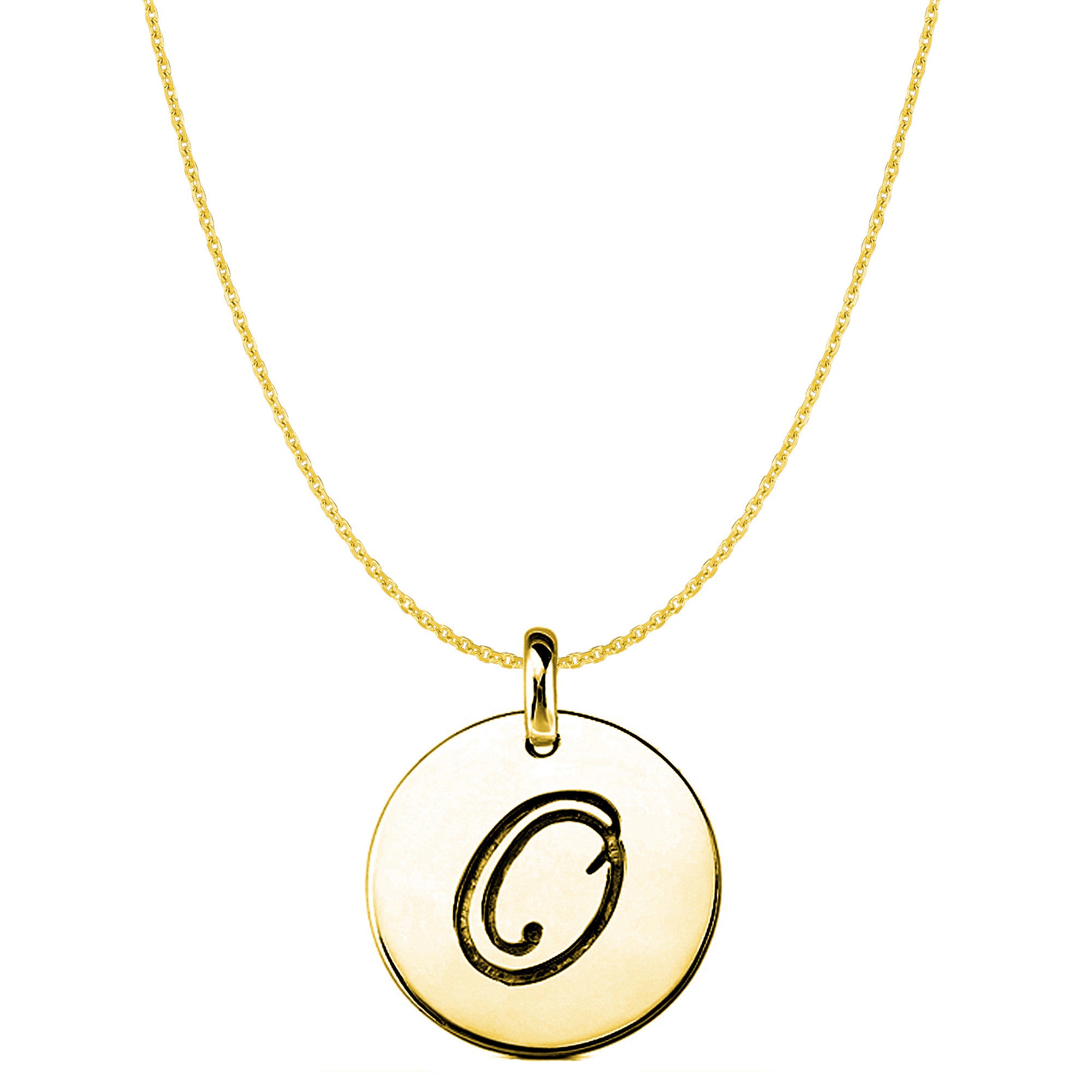 "O" 14K Yellow Gold Script Engraved Initial Disk Pendant fine designer jewelry for men and women