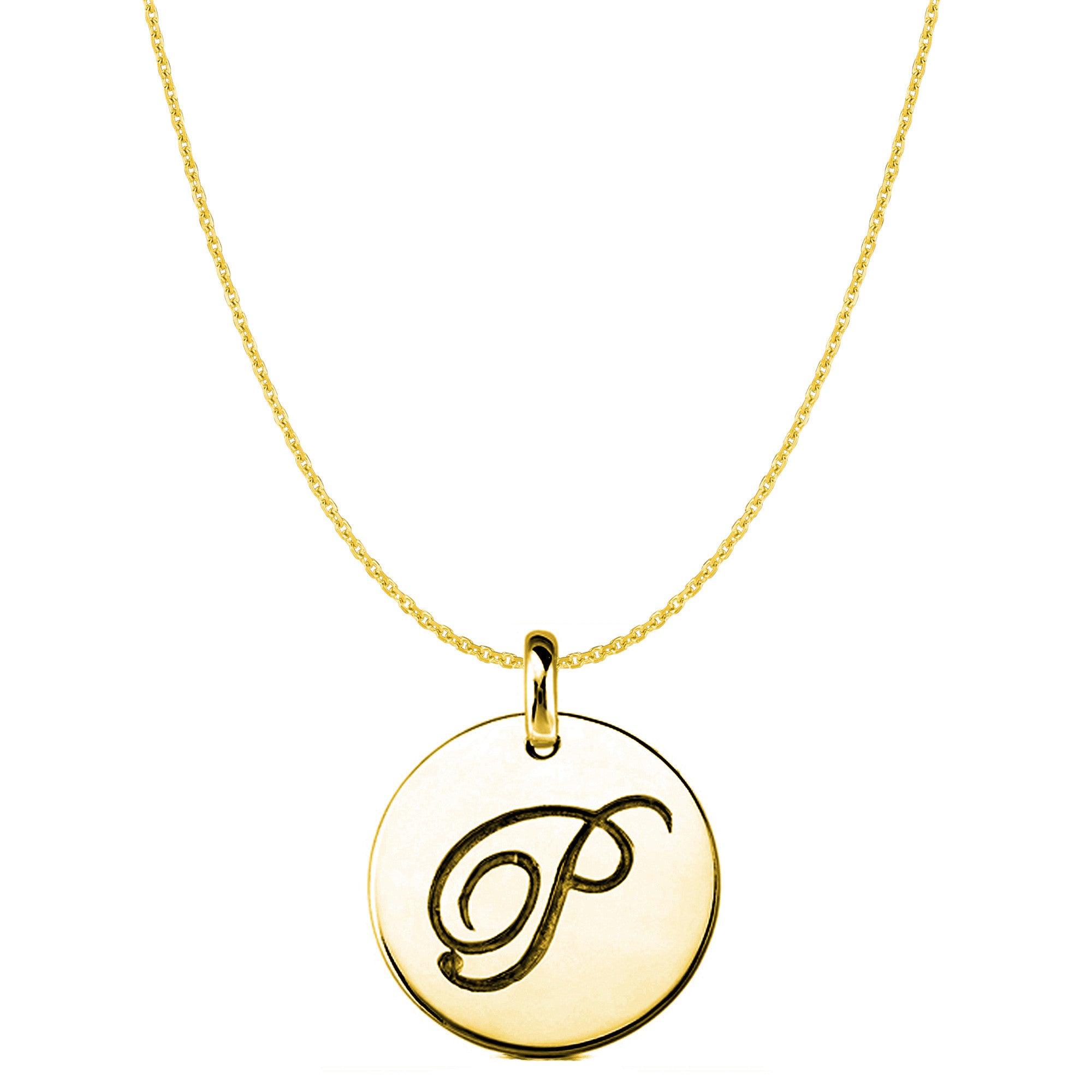 "P" 14K Yellow Gold Script Engraved Initial Disk Pendant fine designer jewelry for men and women
