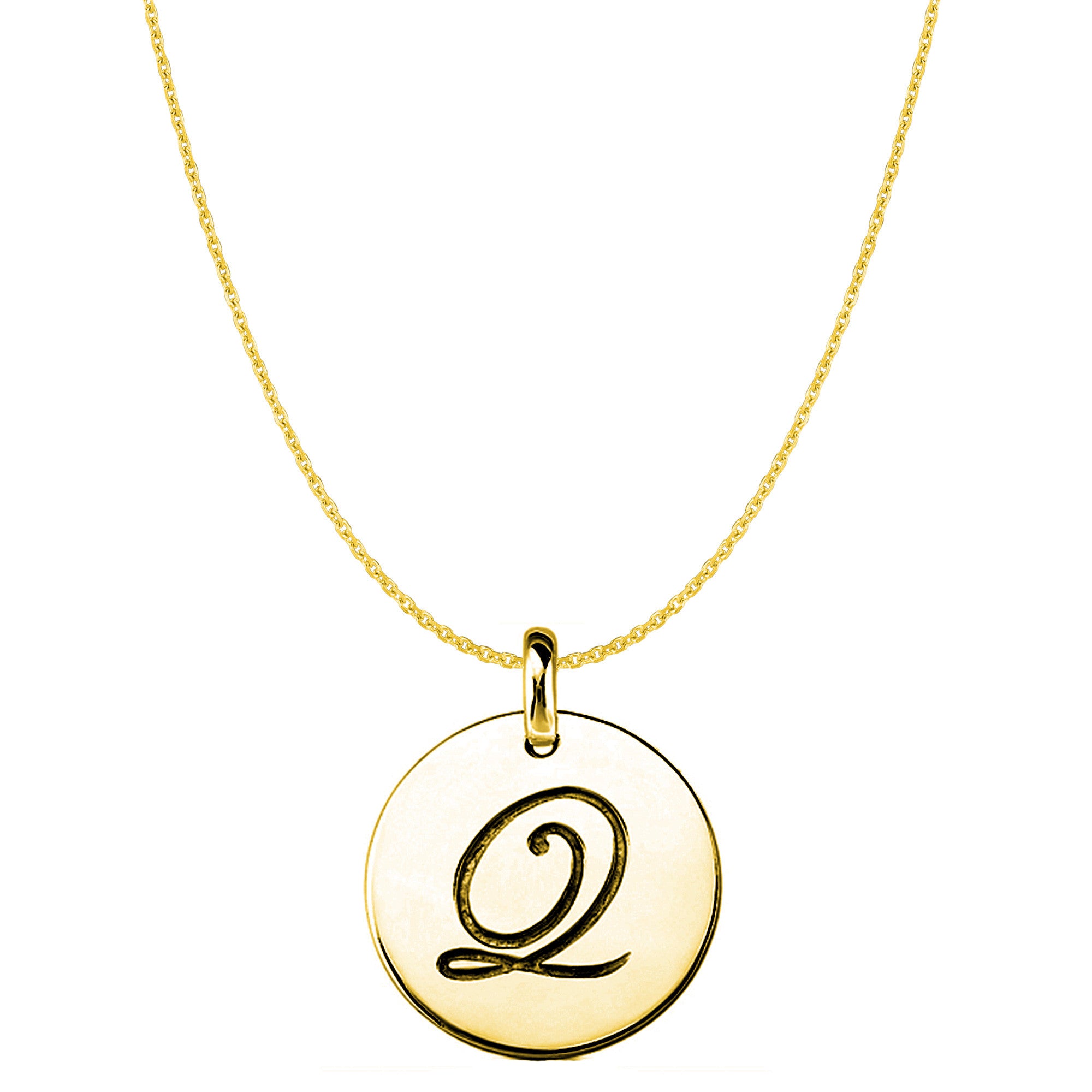 "Q" 14K Yellow Gold Script Engraved Initial Disk Pendant fine designer jewelry for men and women