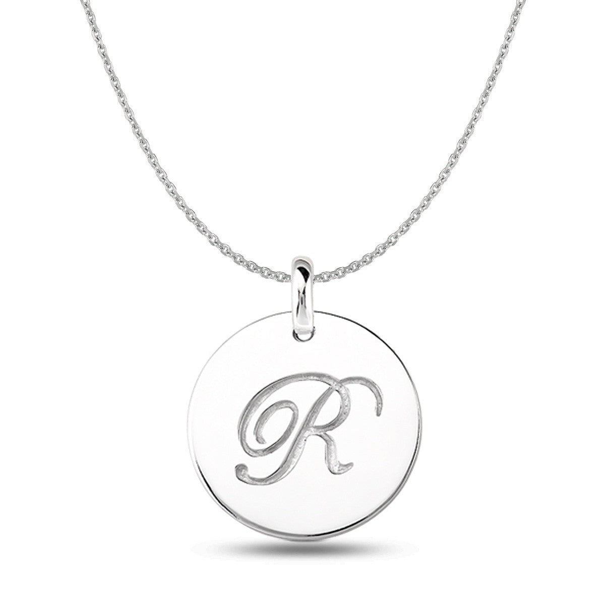 "R" 14K White Gold Script Engraved Initial Disk Pendant fine designer jewelry for men and women