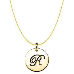 "R" 14K Yellow Gold Script Engraved Initial Disk Pendant fine designer jewelry for men and women