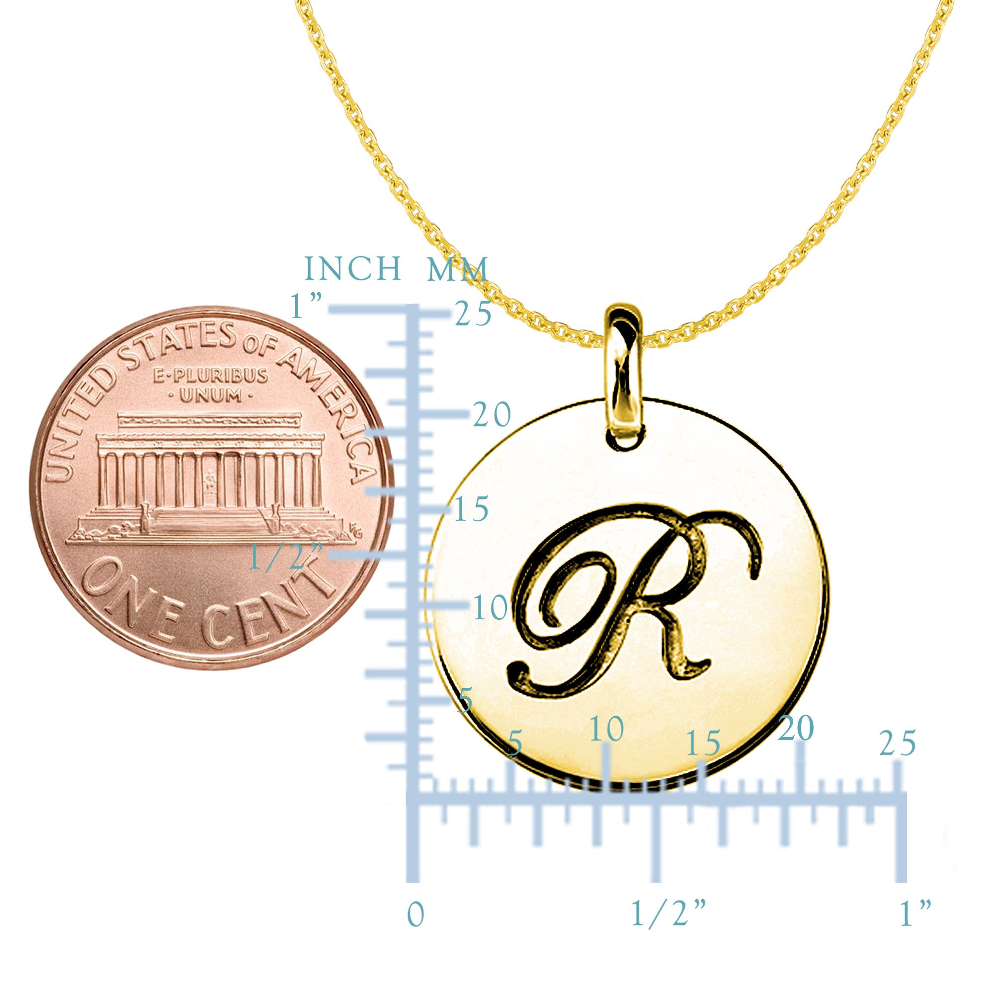 "R" 14K Yellow Gold Script Engraved Initial Disk Pendant fine designer jewelry for men and women