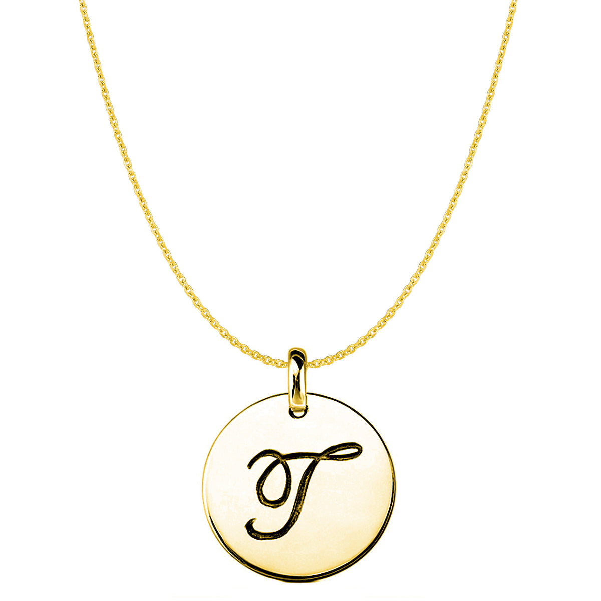 "T" 14K Yellow Gold Script Engraved Initial Disk Pendant fine designer jewelry for men and women