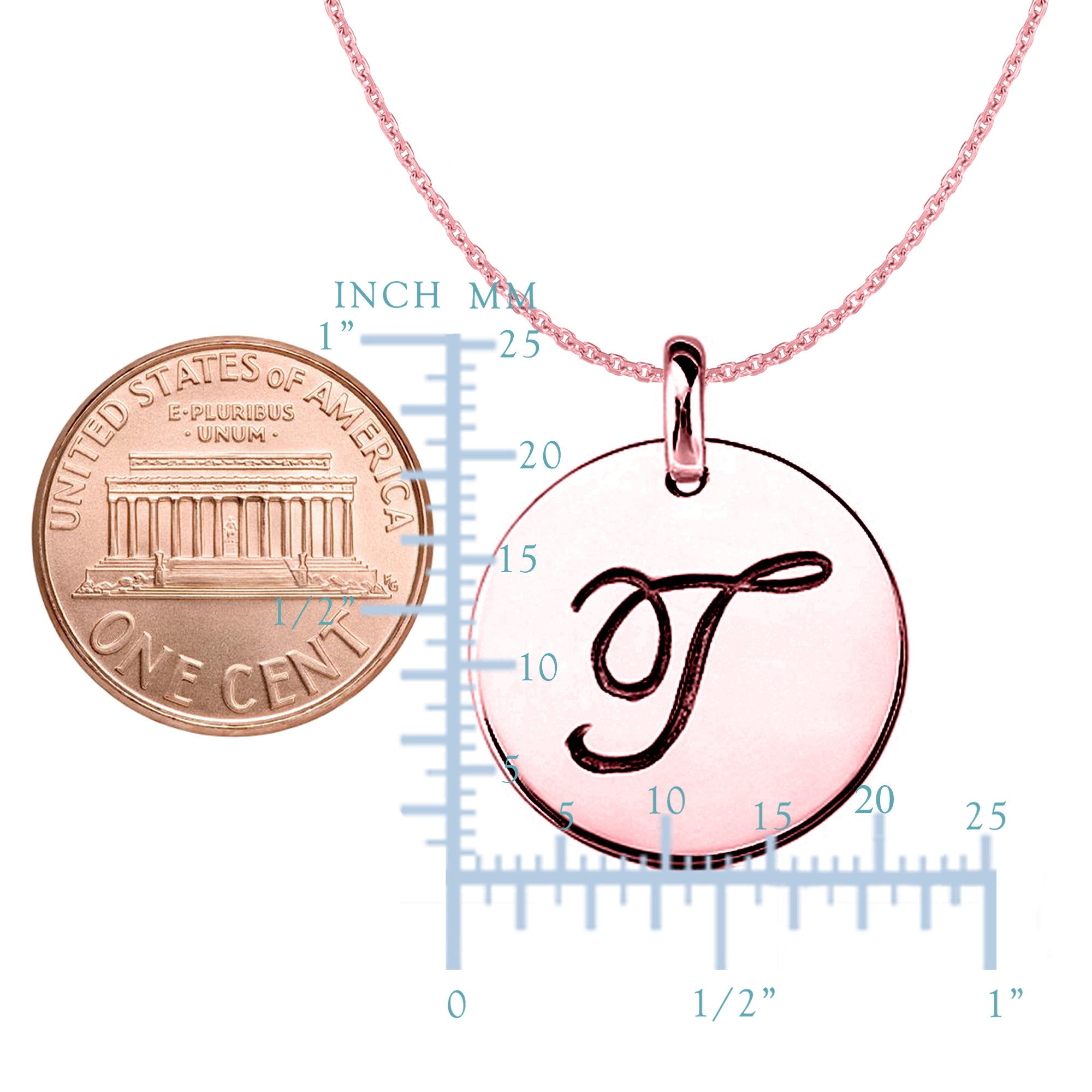 "T" 14K Rose Gold Script Engraved Initial Disk Pendant fine designer jewelry for men and women