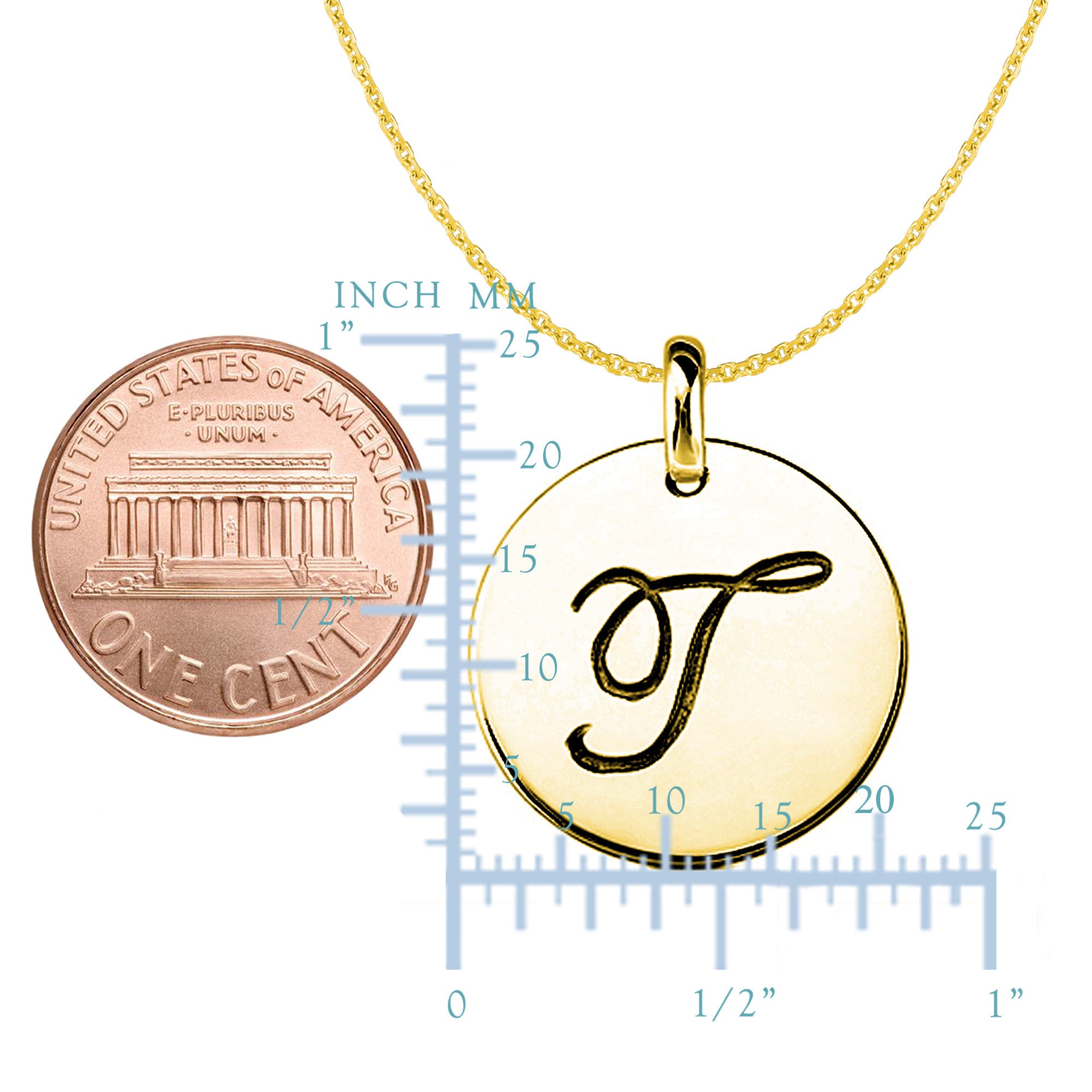 "T" 14K Yellow Gold Script Engraved Initial Disk Pendant fine designer jewelry for men and women