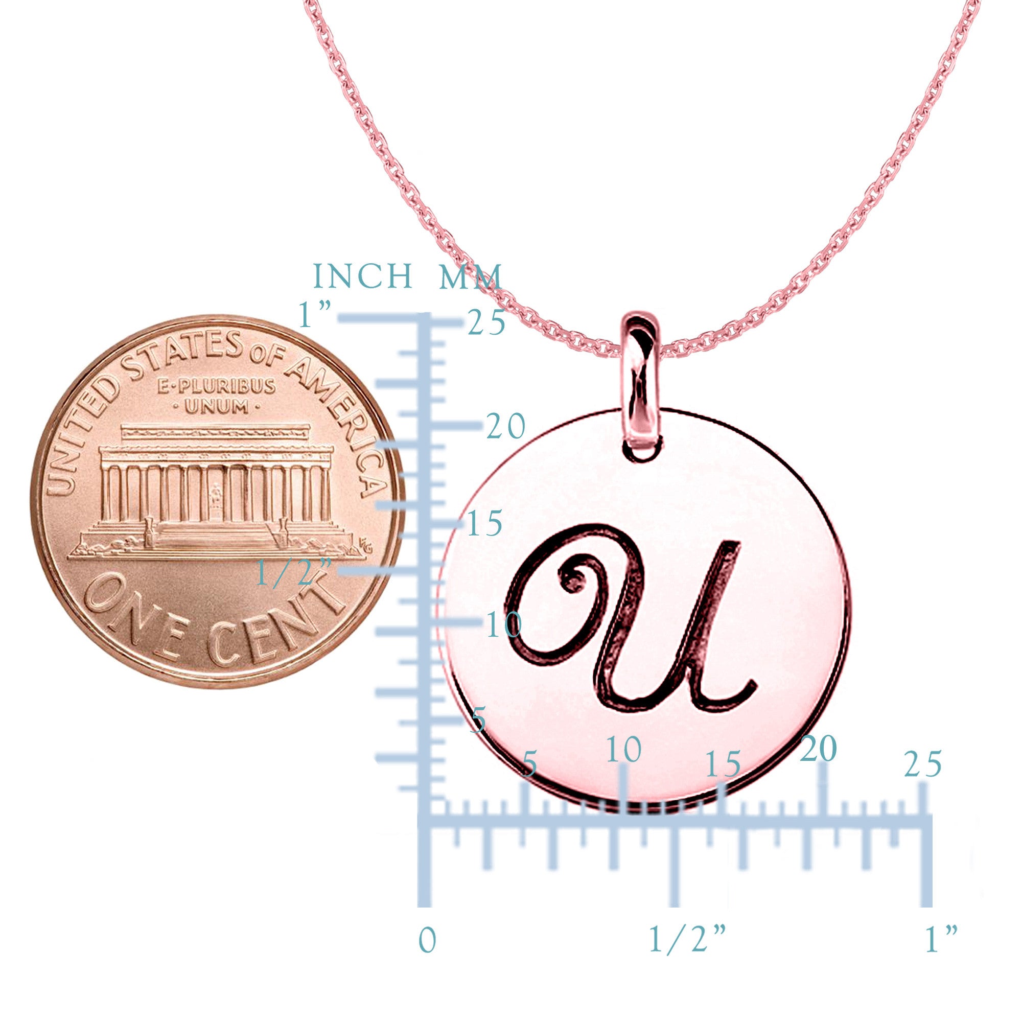 "U" 14K Rose Gold Script Engraved Initial Disk Pendant fine designer jewelry for men and women