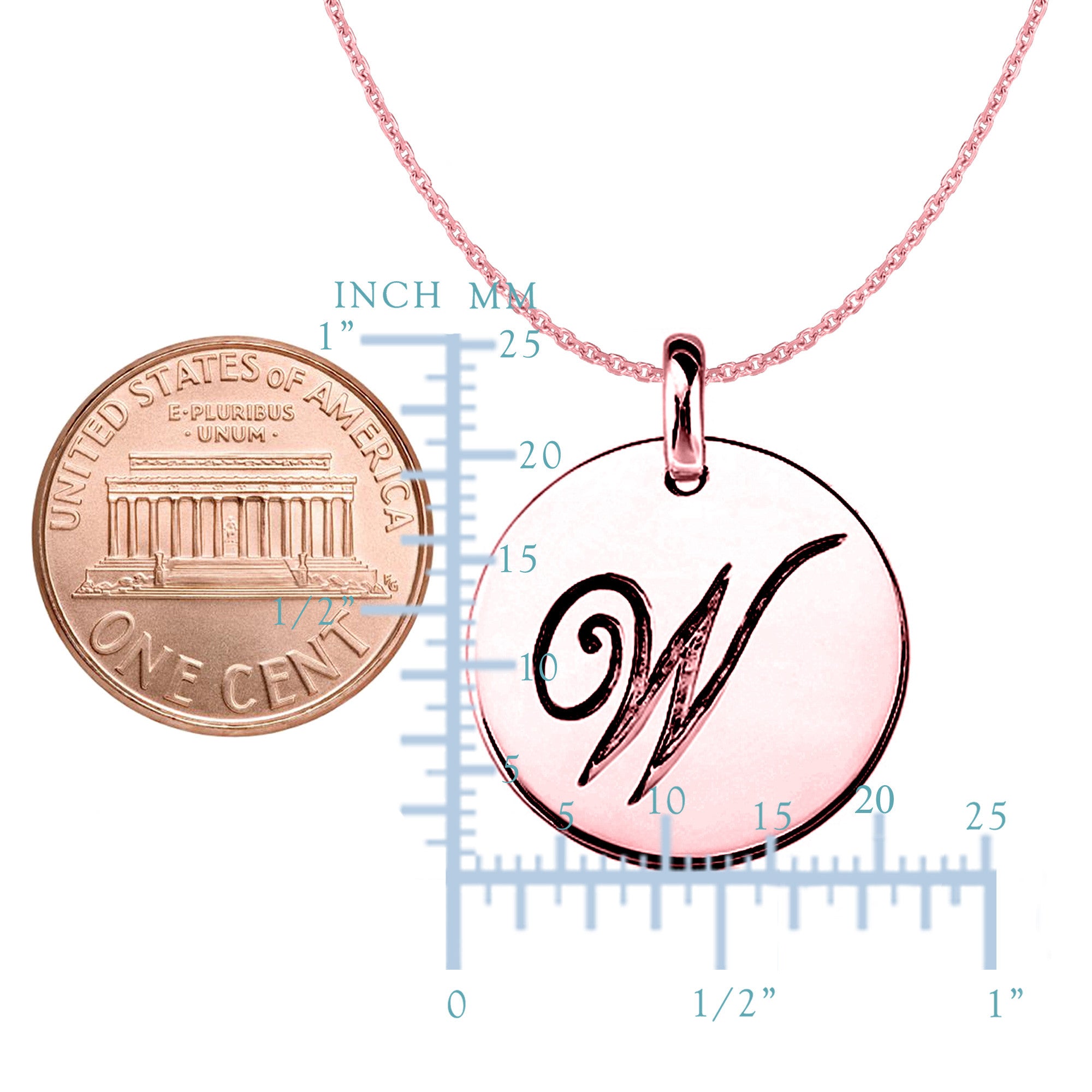 "W" 14K Rose Gold Script Engraved Initial Disk Pendant fine designer jewelry for men and women