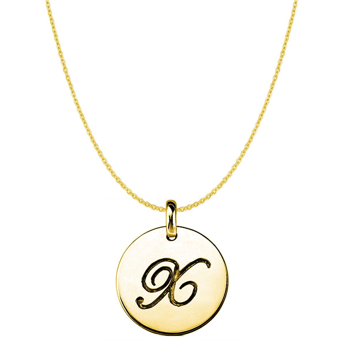 "X" 14K Yellow Gold Script Engraved Initial Disk Pendant fine designer jewelry for men and women