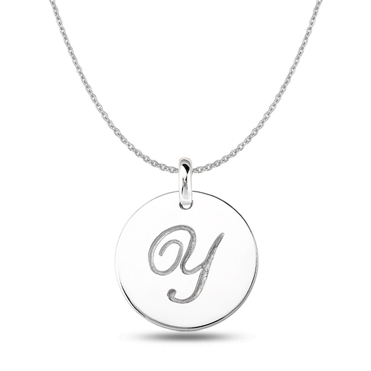 "Y" 14K White Gold Script Engraved Initial  Disk Pendant - JewelryAffairs
 - 1