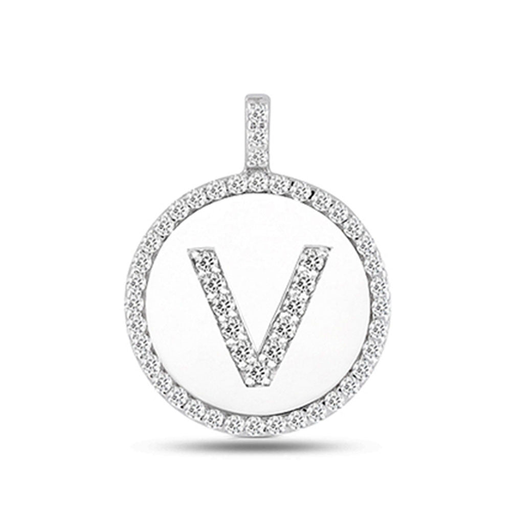 "V" Diamond Initial 14K White Gold Disk Pendant (0.50ct) fine designer jewelry for men and women