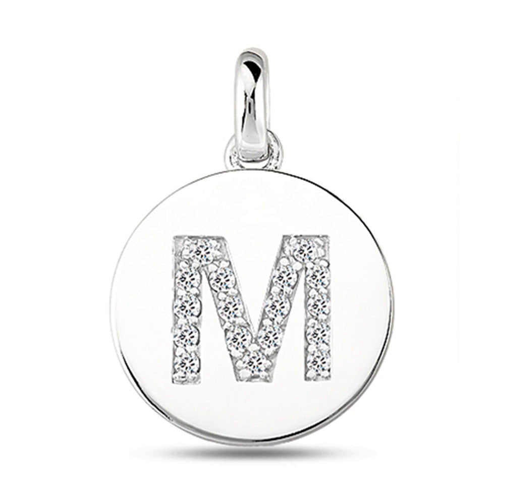 "M" Diamond Initial 14K White Gold Disk Pendant (0.17ct) fine designer jewelry for men and women