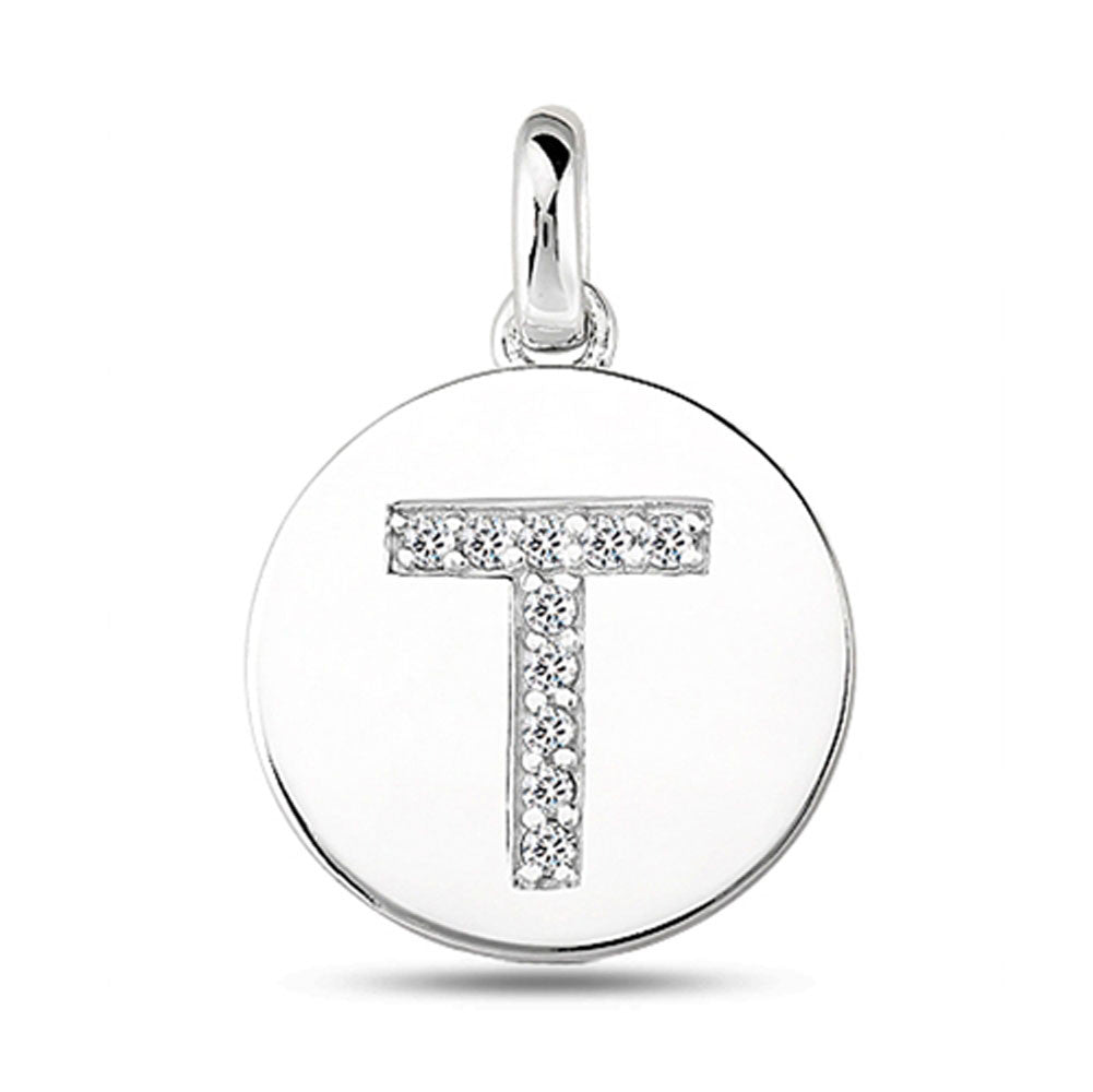 "T" Diamond Initial 14K White Gold Disk Pendant (0.10ct) - JewelryAffairs
 - 2