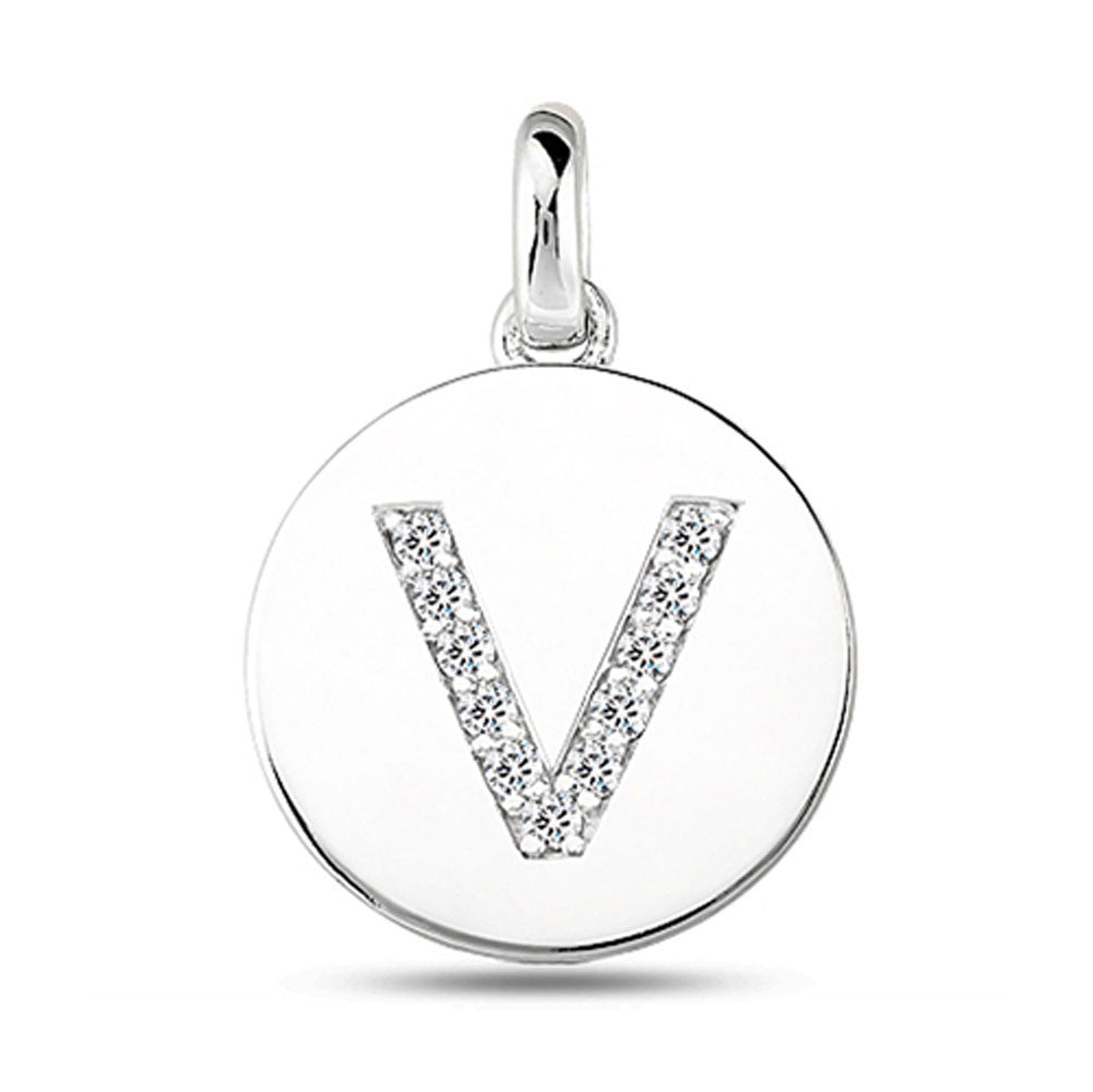 "V" Diamond Initial 14K White Gold Disk Pendant (0.11ct) fine designer jewelry for men and women