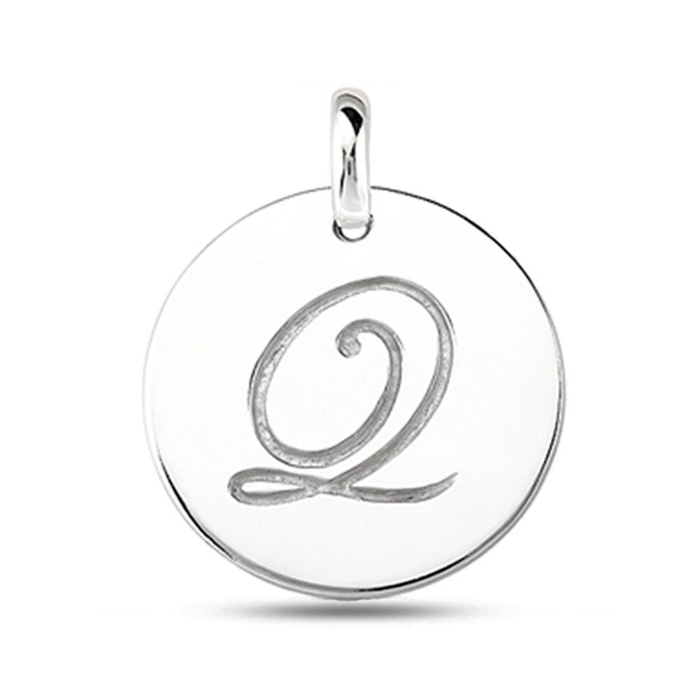 "Q" 14K White Gold Script Engraved Initial  Disk Pendant - JewelryAffairs
 - 2