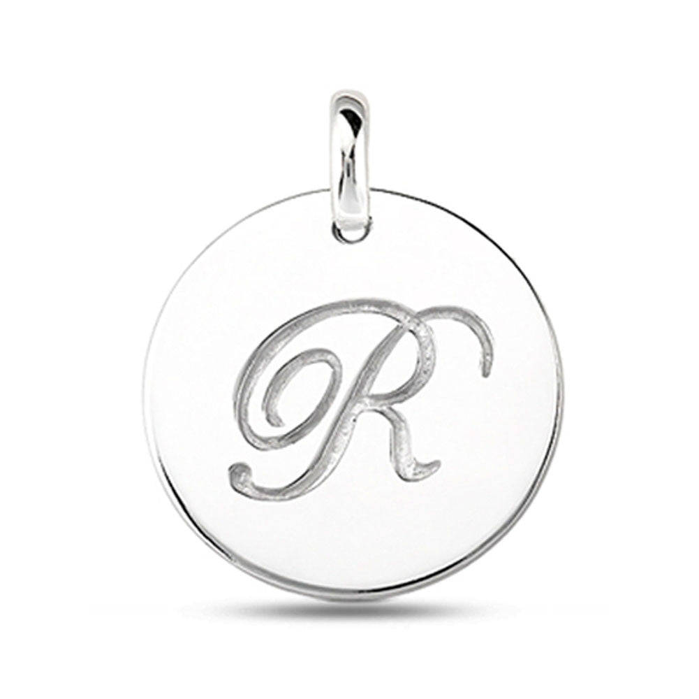 "R" 14K White Gold Script Engraved Initial Disk Pendant fine designer jewelry for men and women